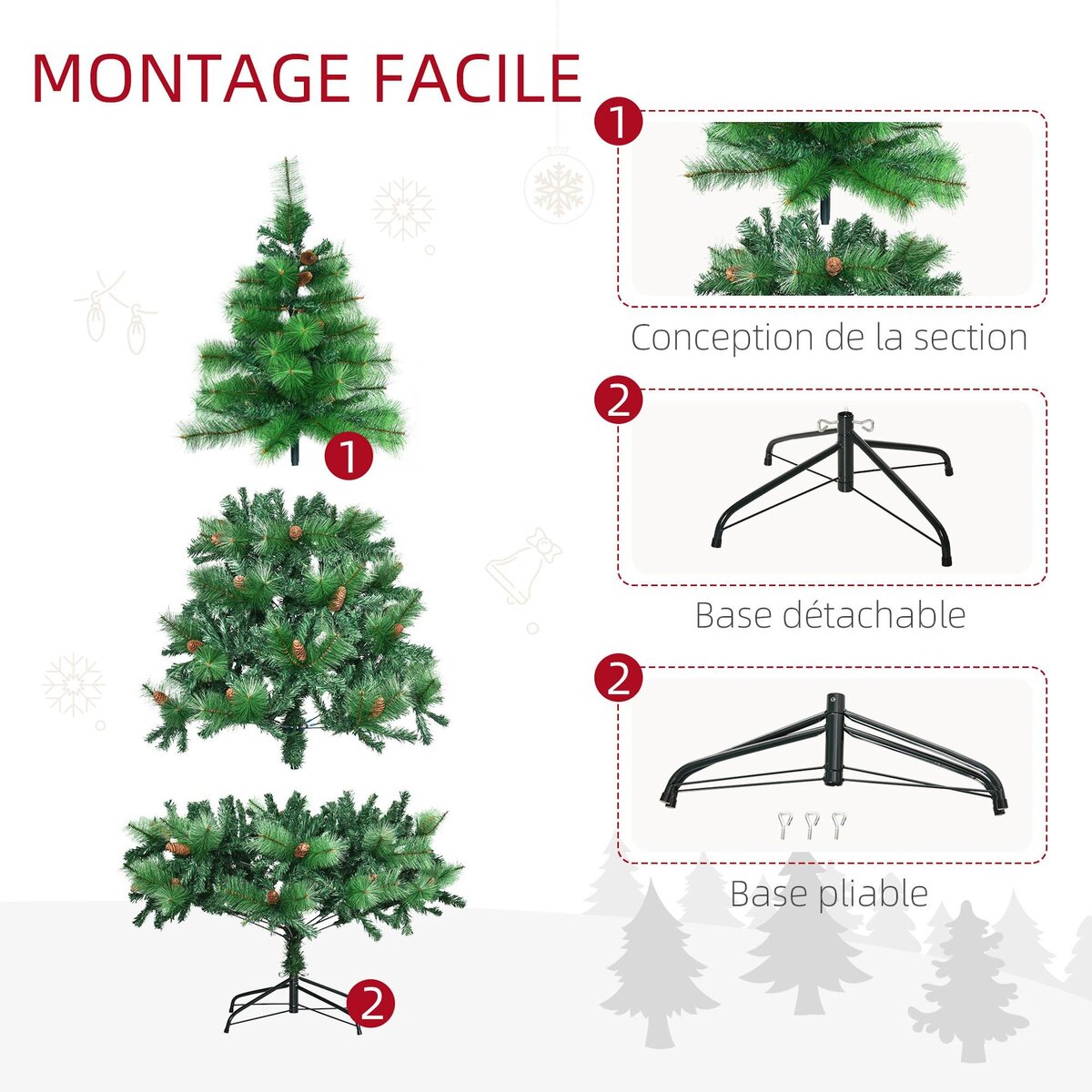 HOMCOM Sapin de Noël artificiel 782 branches épines grand réalisme avec pommes de pin - hauteur 180 cm vert