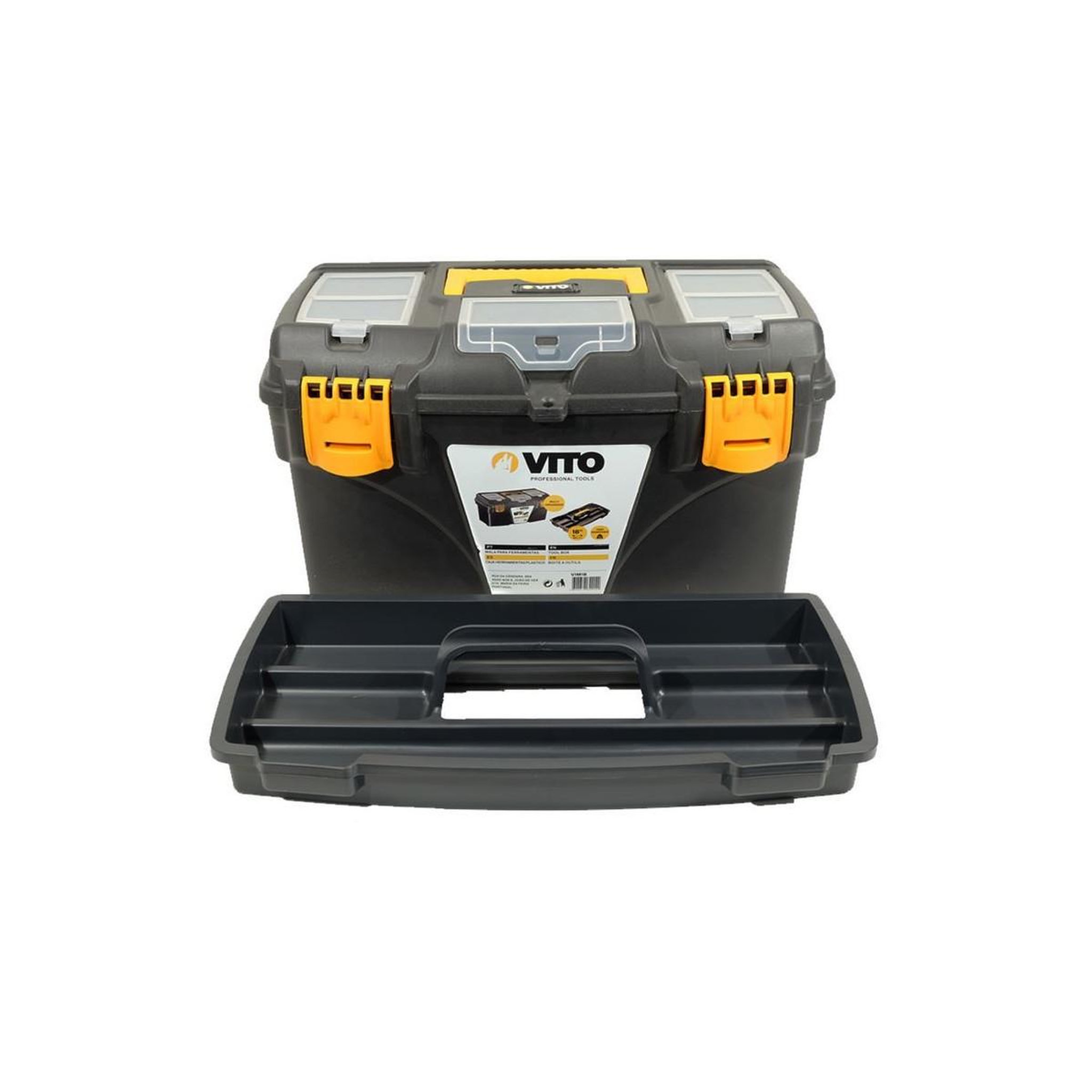 Voir la diapositive 5 : VITO Pro-Power Perceuse à percussion 1050W  + Coffret 50 pièces Forets et embouts  + Boite à outils 18  VITO