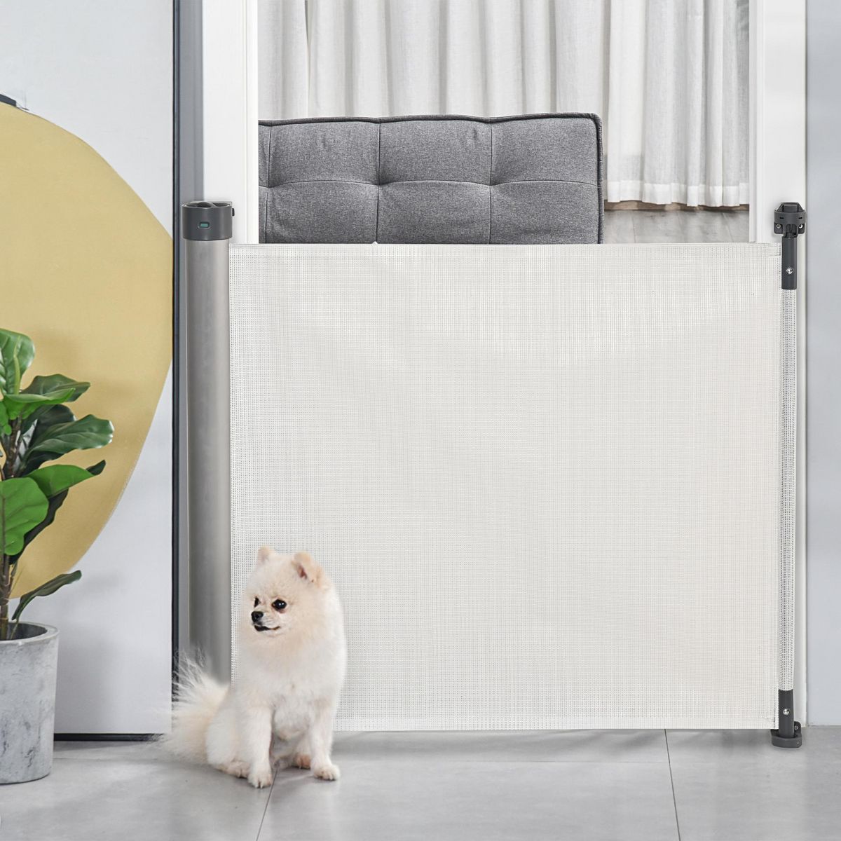 PAWHUT Barrière de sécurité barrière animaux rétractable automatique dim. 1,4L x 0,88H m aluminium maille PVC blanc