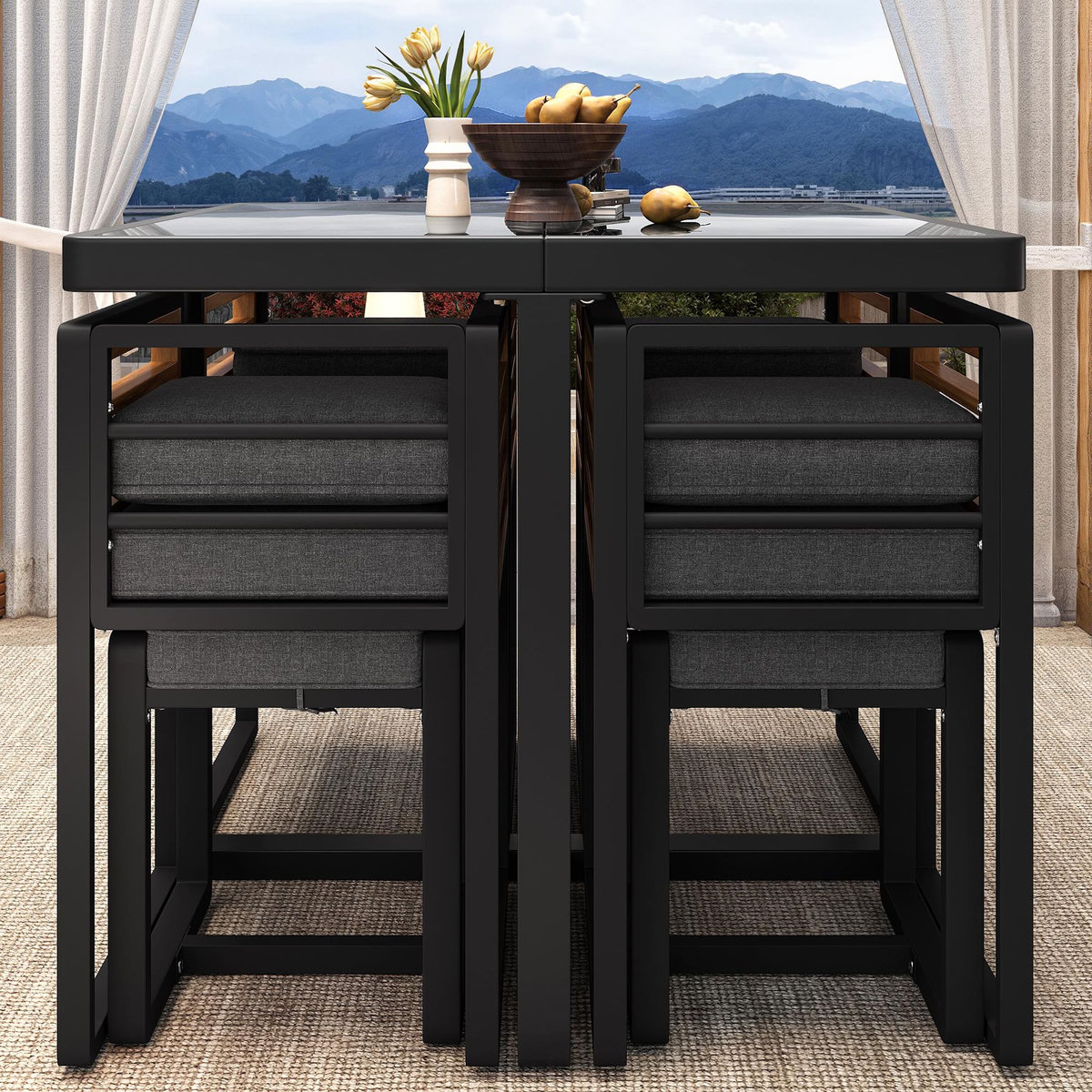 MERAX Salon de jardin repas 6 places en métal et bois avec table en verre et 6 sièges, gris