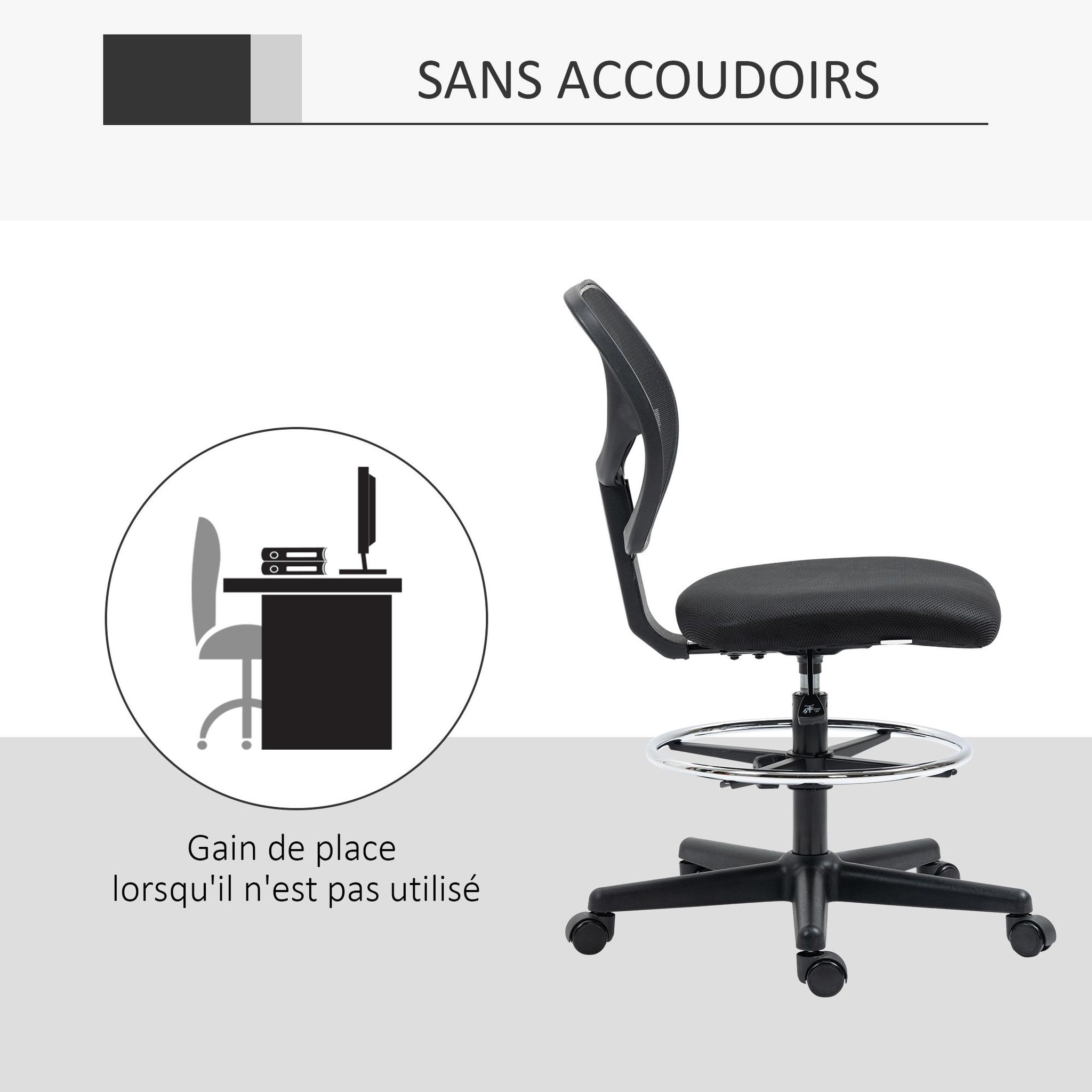 Voir la diapositive 6 : VINSETTO Chaise de bureau assise haute réglable dim. 59L x 61l x 93-113H cm pivotant 360° tissu maille respirante noir