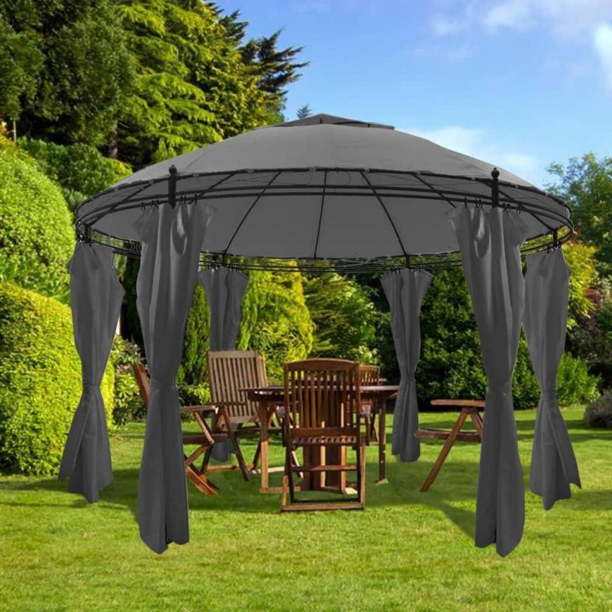 VIDAXL Belvedere avec rideaux Rond 3,5 x 2,7 m Anthracite