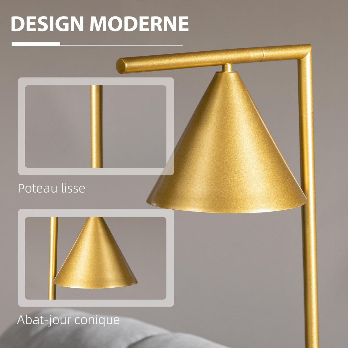 HOMCOM Lampadaire sur pied salon 40W acier doré abat-jour conique orientable base marbre