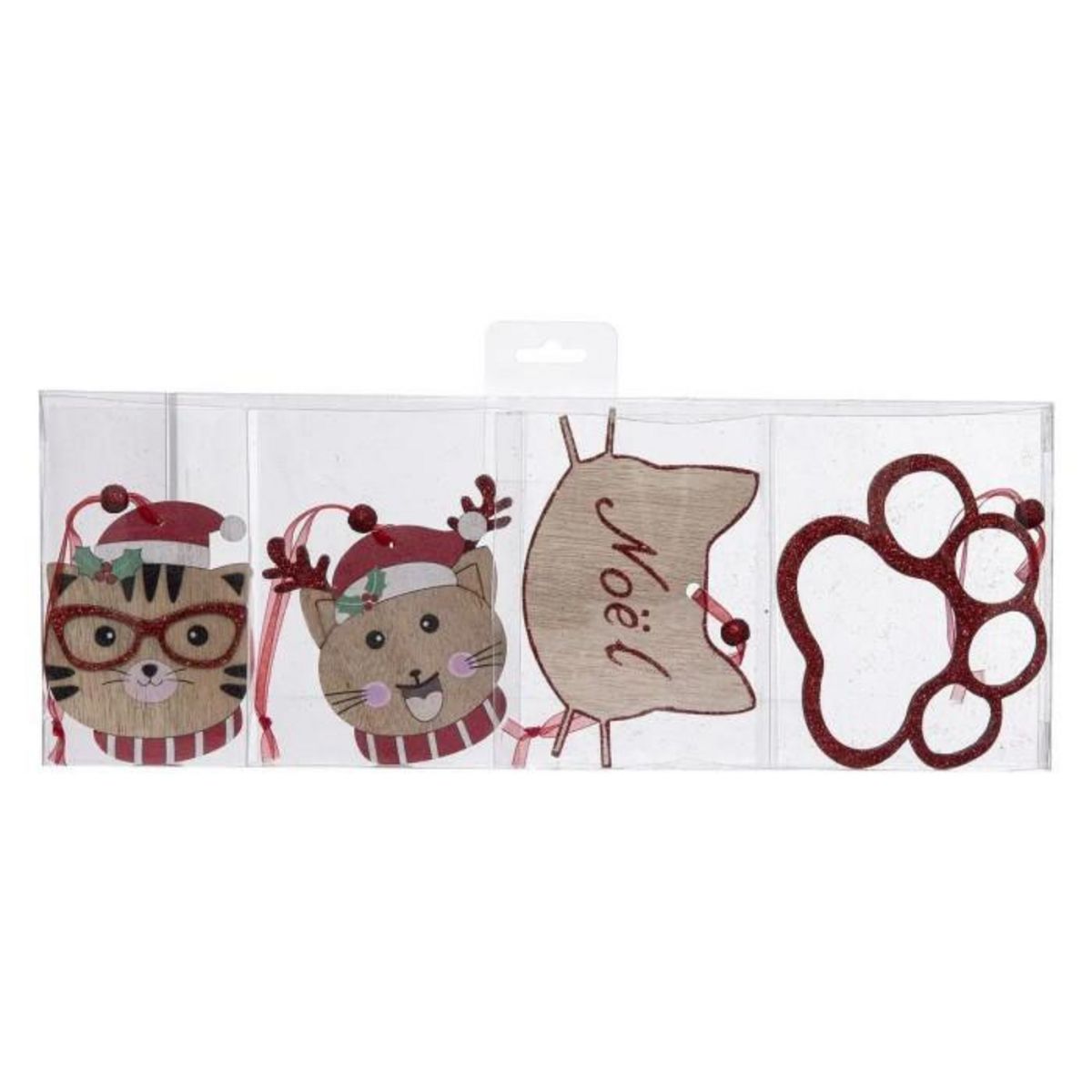 ATMOSPHERA Lot de 4 Sujets de Noël  Chat  12cm Beige & Rouge