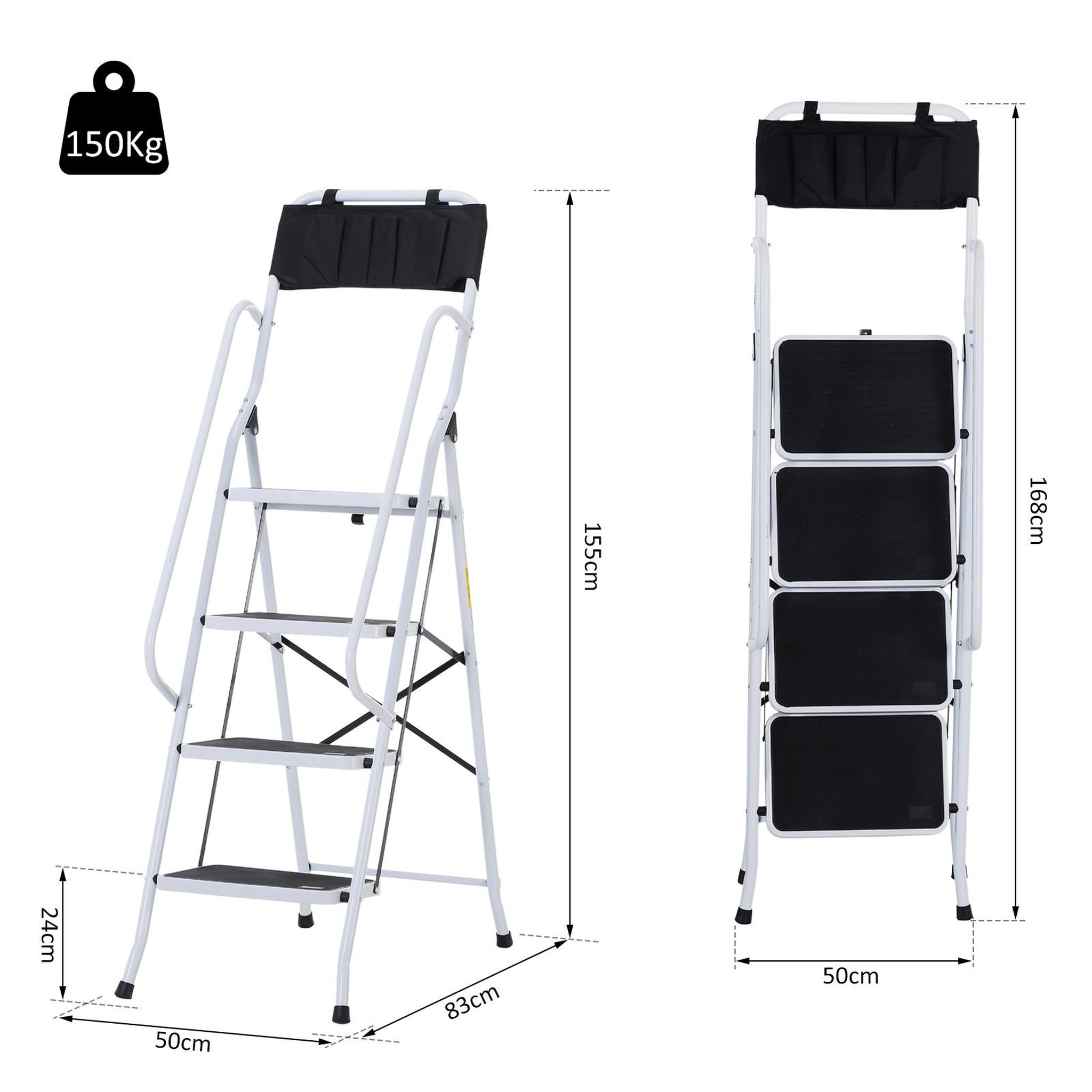 Voir la diapositive 3 : HOMCOM HOMCOM Escabeau pliable 4 marches XL antidérapantes double garde corps hauteur max. 1,55 m charge max. 150 Kg pochette outils intégrée acier blanc noir