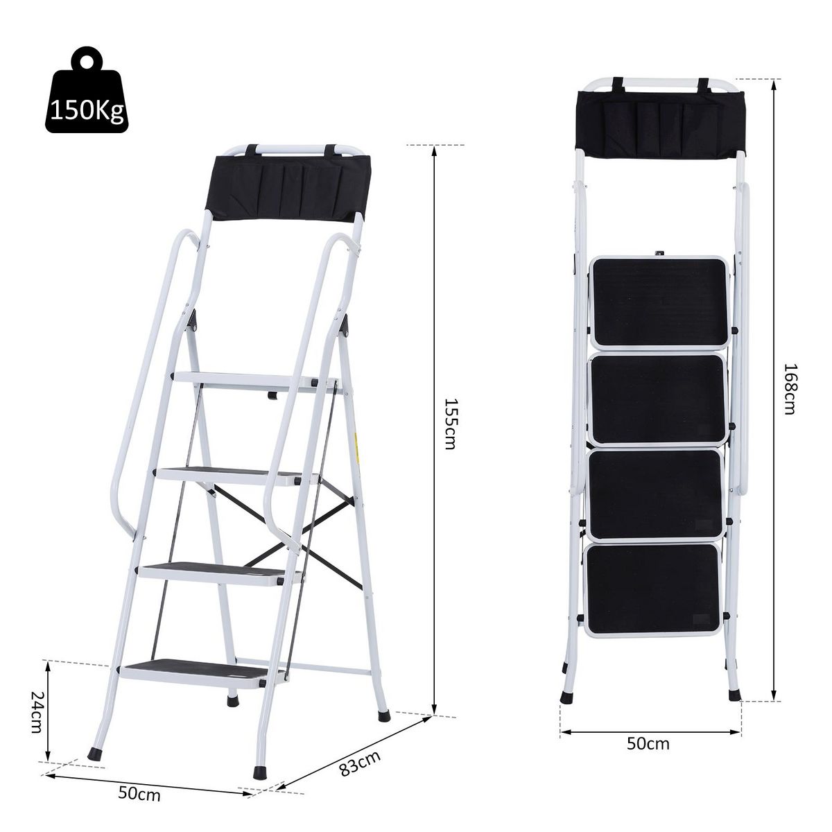 HOMCOM HOMCOM Escabeau pliable 4 marches XL antidérapantes double garde corps hauteur max. 1,55 m charge max. 150 Kg pochette outils intégrée acier blanc noir
