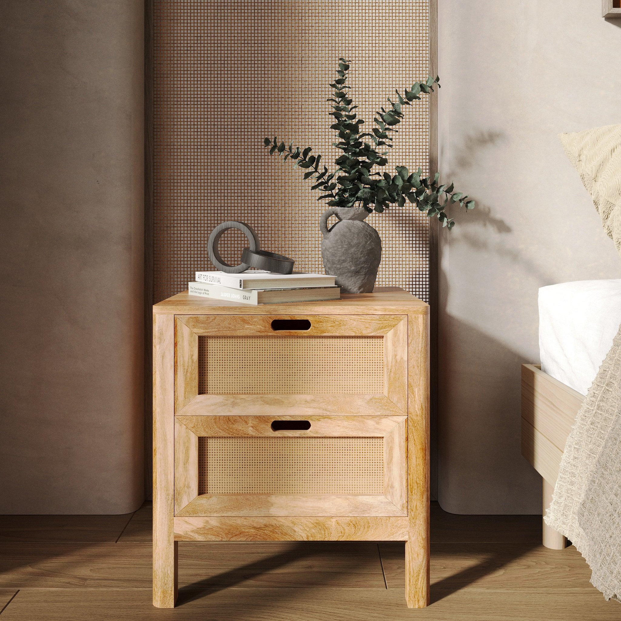 Voir la diapositive 2 : MAISON PAVANE Table de chevet 2 tiroirs en bois de manguier et cannage-félix