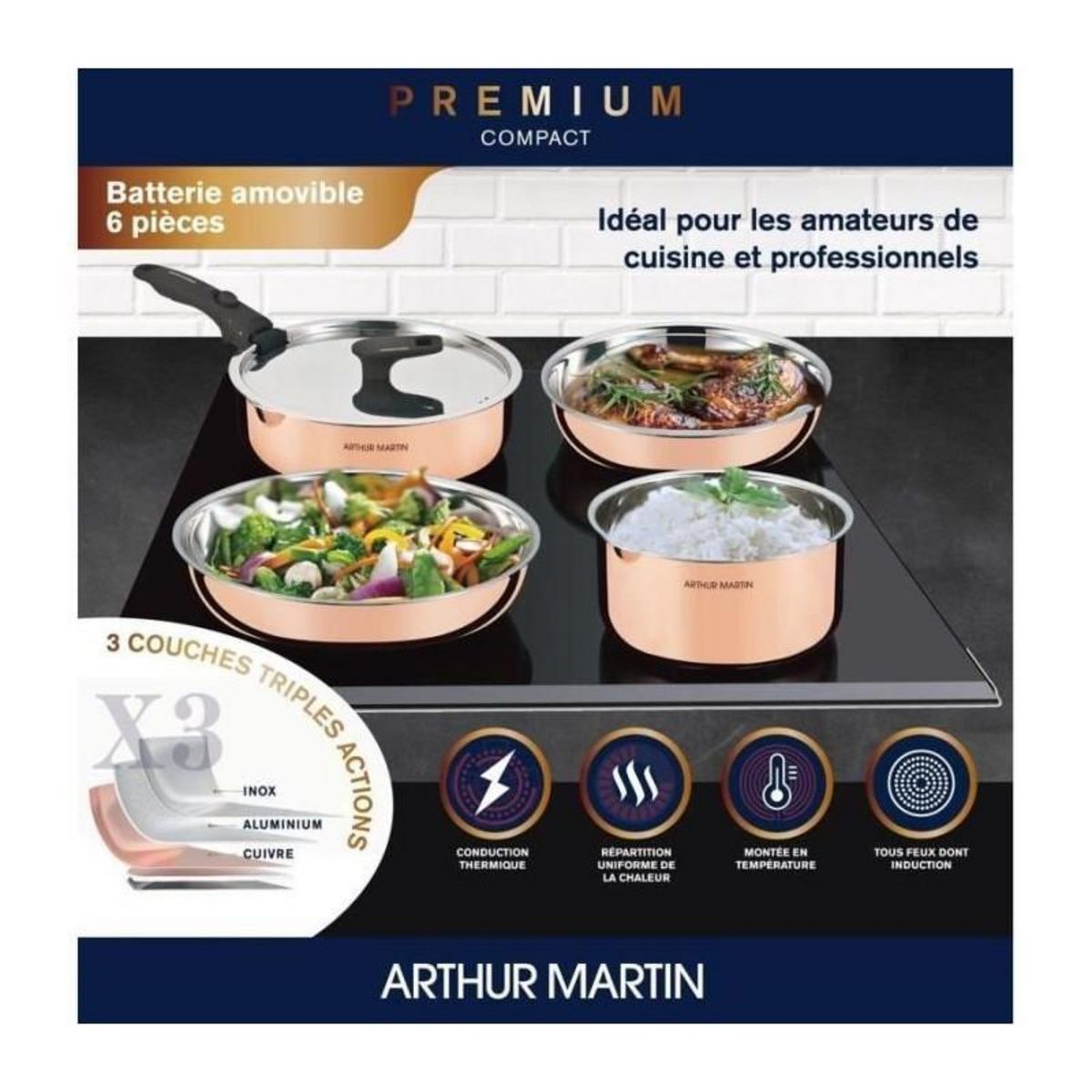 Arthur Martin Batterie de cuisine 6 pieces - ARTHUR MARTIN - AM516GT - 3 couches triple action - Tous feux dont induction