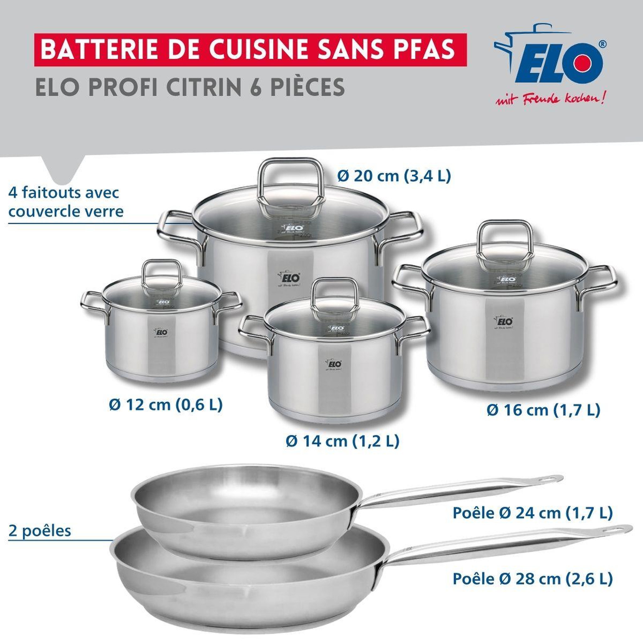 Voir la diapositive 2 : ELO Ensemble de 2 poêles de cuisson 24 et 28 cm et 4 faitouts 12, 14, 16 et 20 cm elo profi citrin