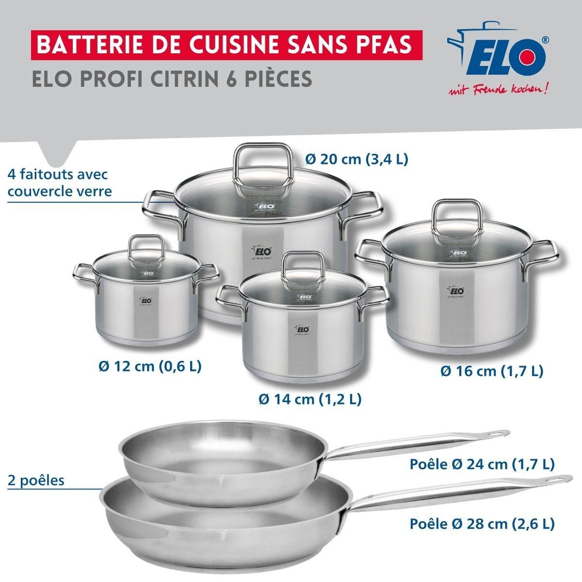 ELO Ensemble de 2 Poêles de cuisson 24 et 28 cm et 4 faitouts 12, 14, 16 et 20 cm Elo Profi Citrin