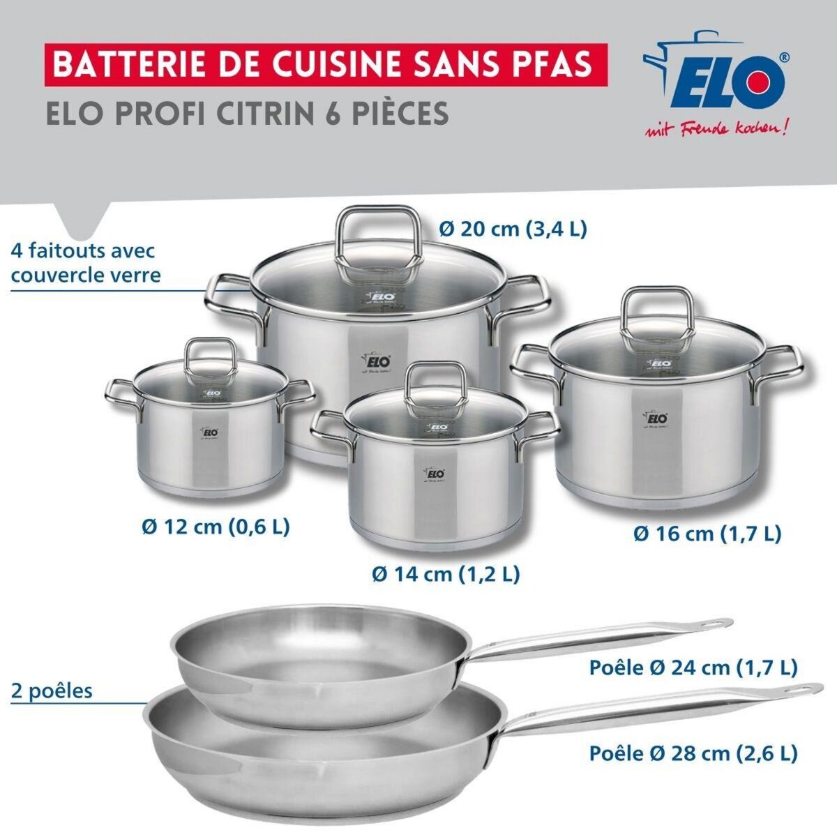 ELO Ensemble de 2 Poêles de cuisson 24 et 28 cm et 4 faitouts 12, 14, 16 et 20 cm Elo Profi Citrin