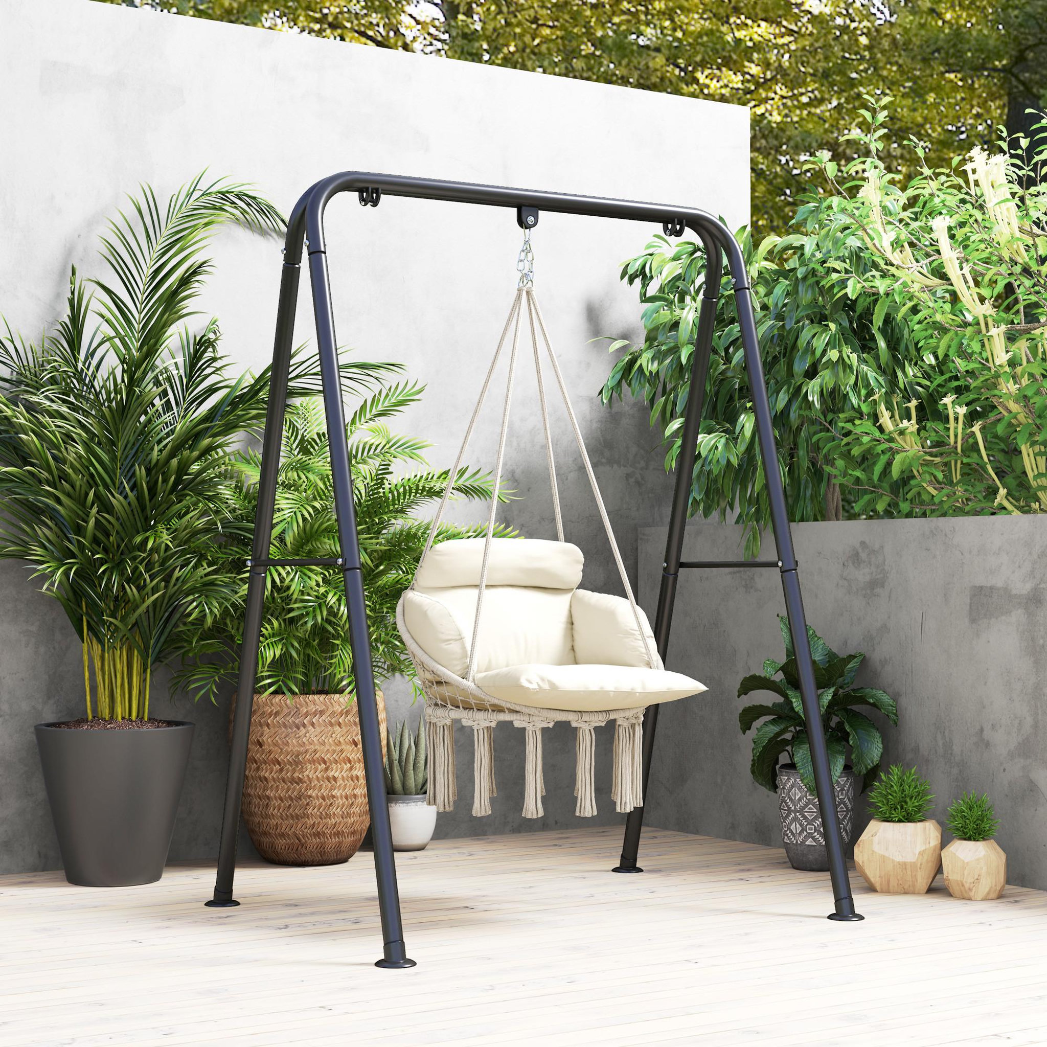 Voir la diapositive 2 : OUTSUNNY Chaise suspendue de jardin - grand coussin inclus - macramé coton polyester blanc cassé