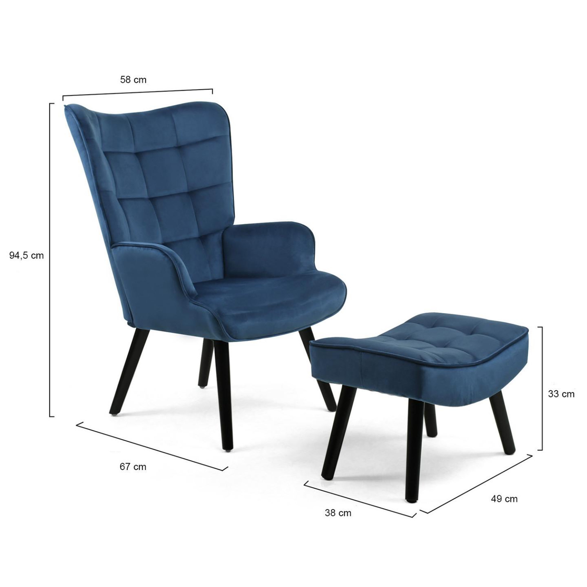 Voir la diapositive 5 : ID MARKET Fauteuil scandinave ania avec repose pieds velours bleu