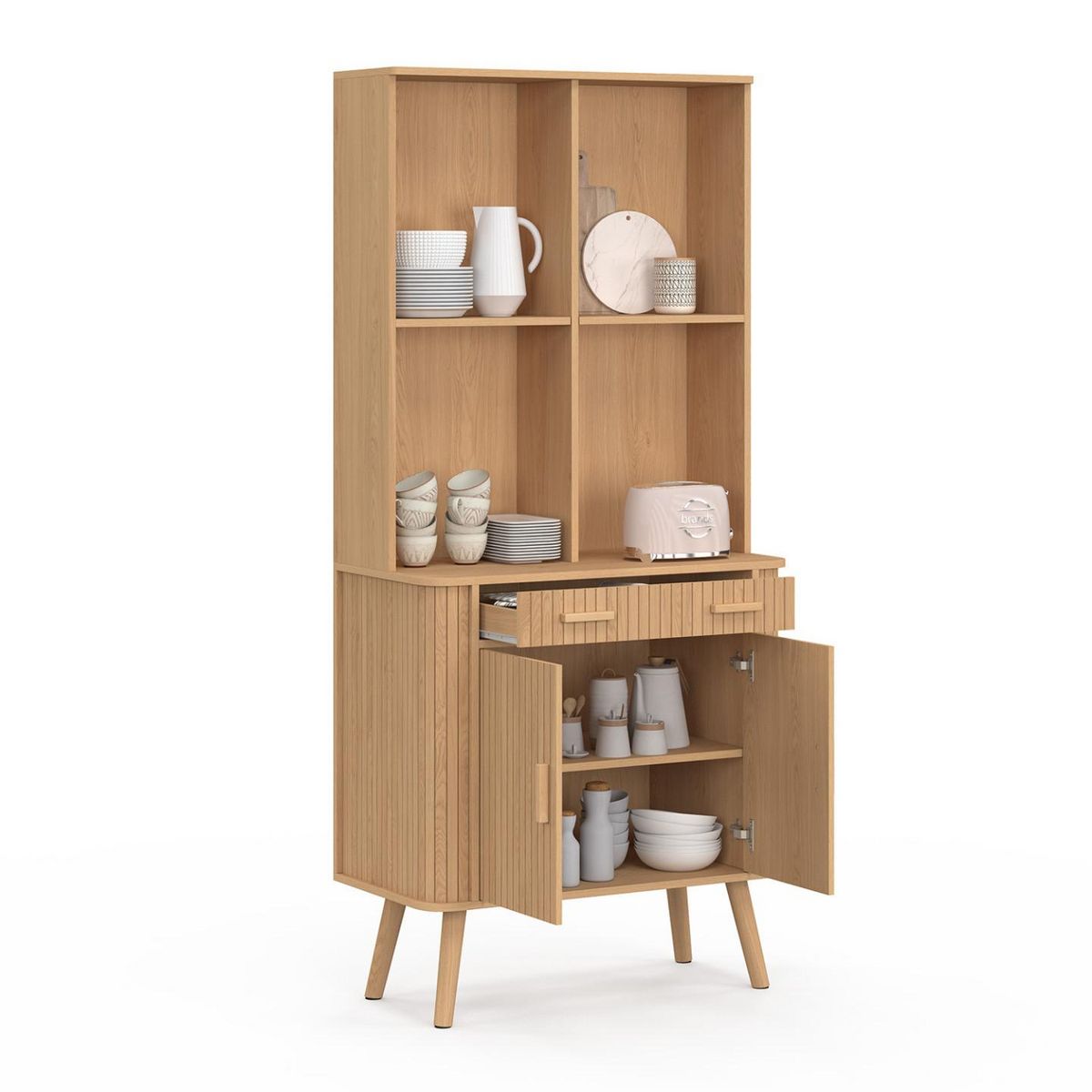 ID MARKET Buffet de cuisine 80 CM ROMIE 2 portes + tiroir effet lattes tasseau de bois