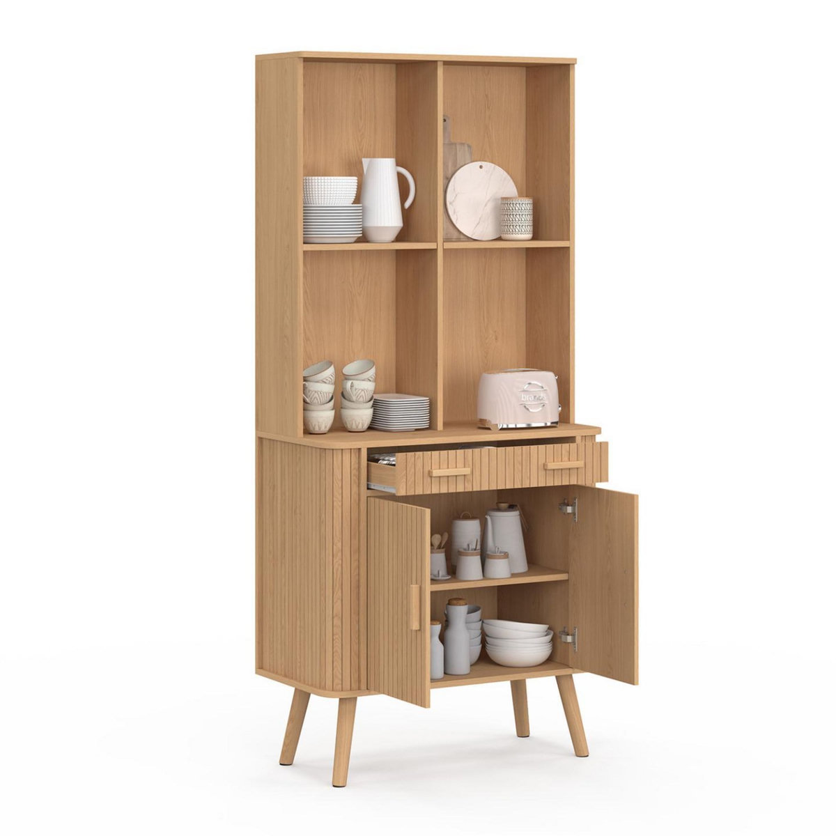 ID MARKET Buffet de cuisine 80 CM ROMIE 2 portes + tiroir effet lattes tasseau de bois