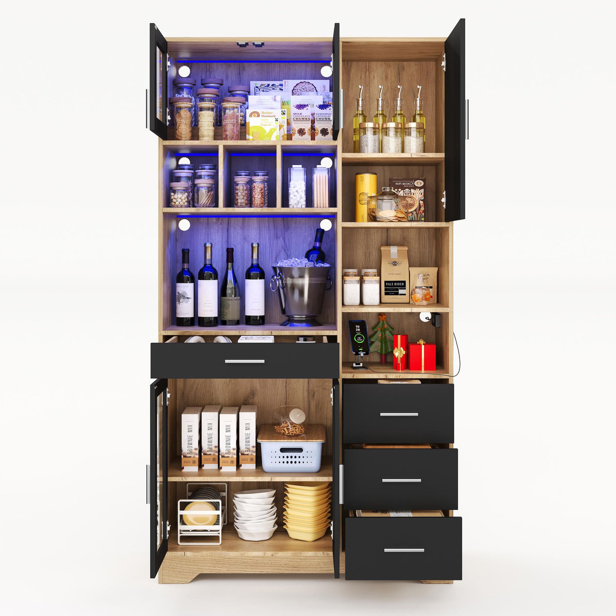 MERAX Buffet de cuisine 5 portes 4 tiroirs - 100 cm naturel+noir led mdf