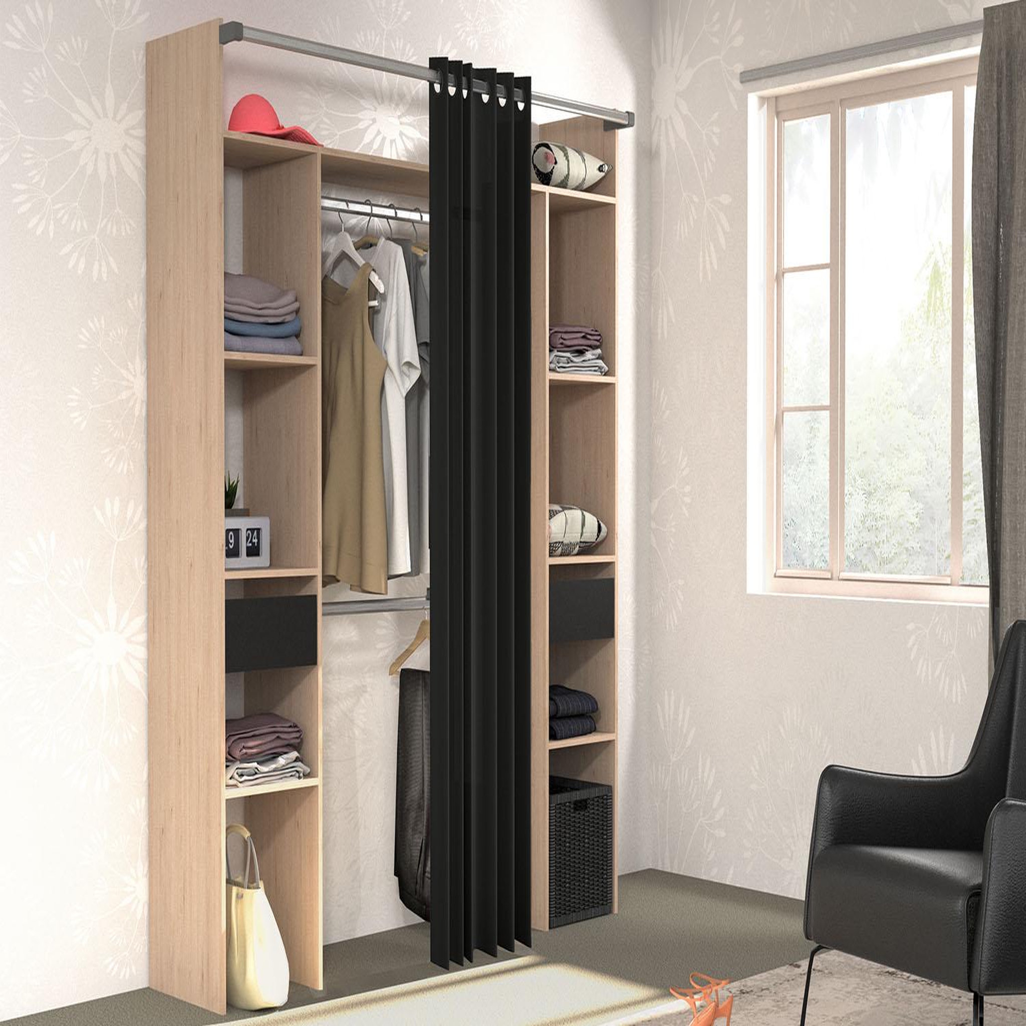 Voir la diapositive 2 : CONCEPT USINE Dressing bois avec rideau noir et 2 penderies, 6 étagères et 2 tiroirs ELYSEE