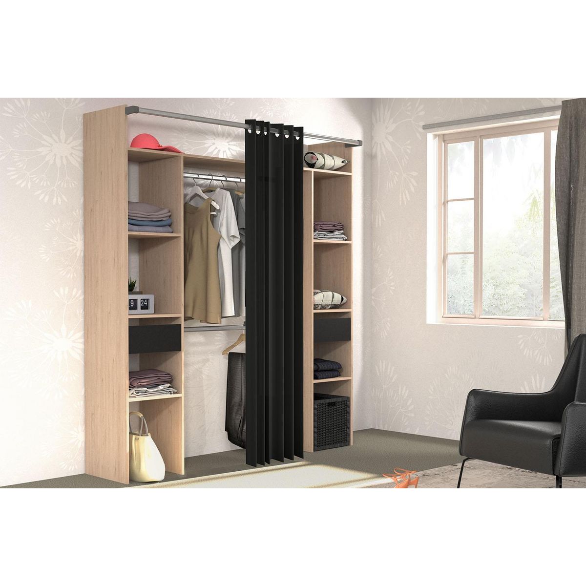 CONCEPT USINE Dressing bois avec rideau noir et 2 penderies, 6 étagères et 2 tiroirs ELYSEE