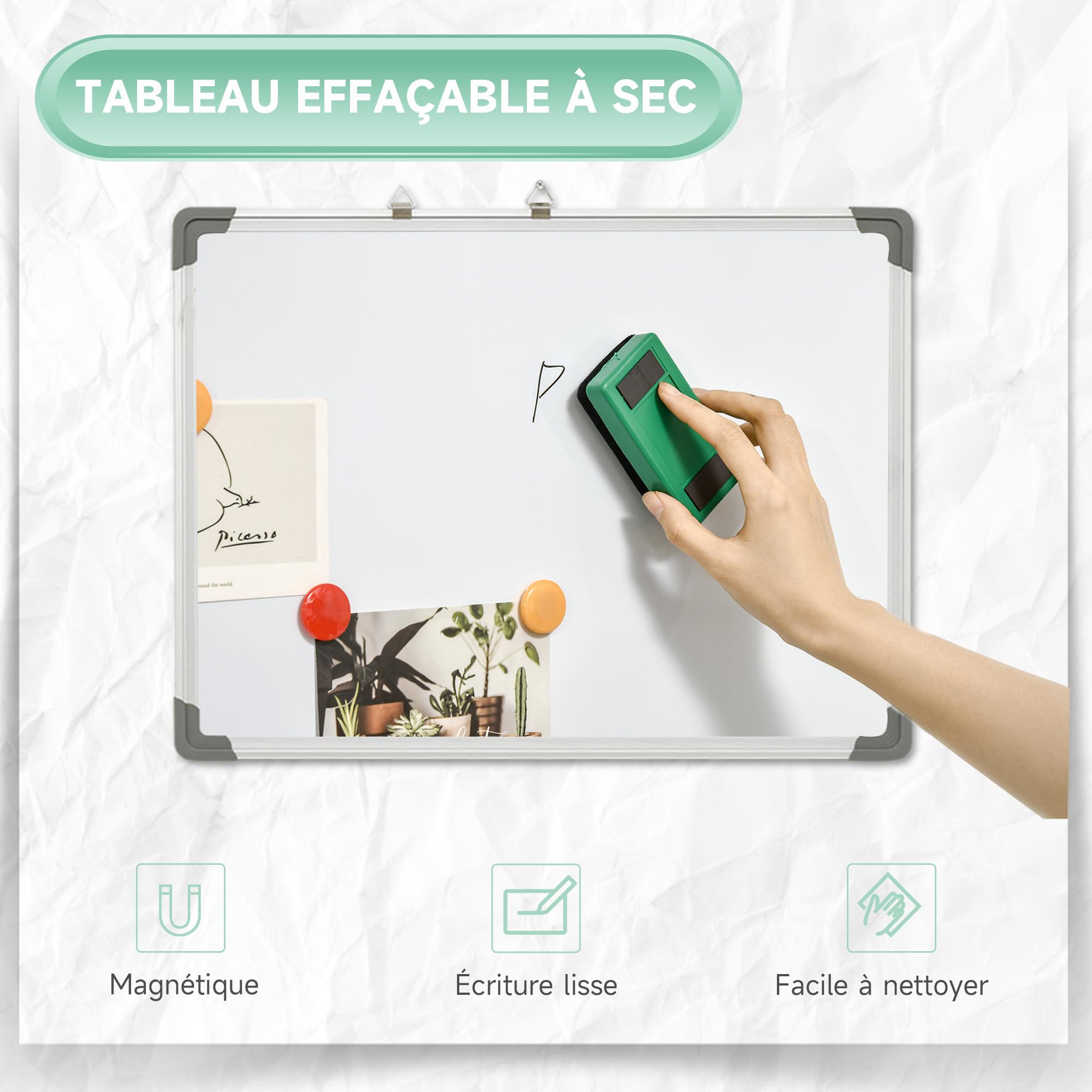 Voir la diapositive 4 : HOMCOM Tableau blanc aimanté magnétique dim. 60l x 45h cm nombreux accessoires inclus cadre aluminium
