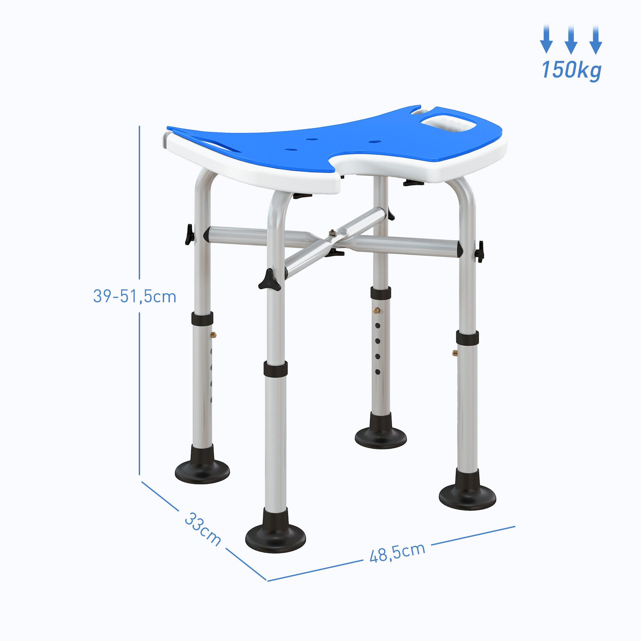 Voir la diapositive 3 : HOMCOM Tabouret de douche - siège de douche avec barre d'appui ventouse - hauteur réglable - alu hdpe bleu blanc