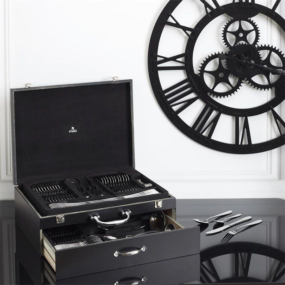 Paris Prix Ménagère 84 Pièces  Coffret Bois  45cm Noir