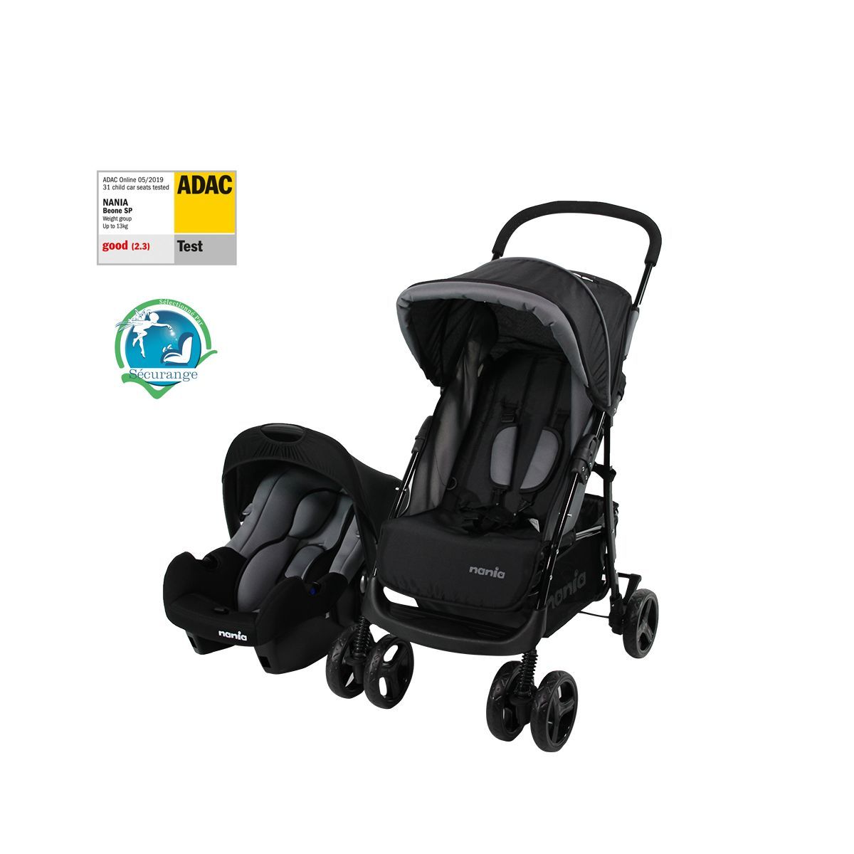 NANIA Poussette duo 2 en 1 TEXAS gris + Siège auto BEONE groupe 0+