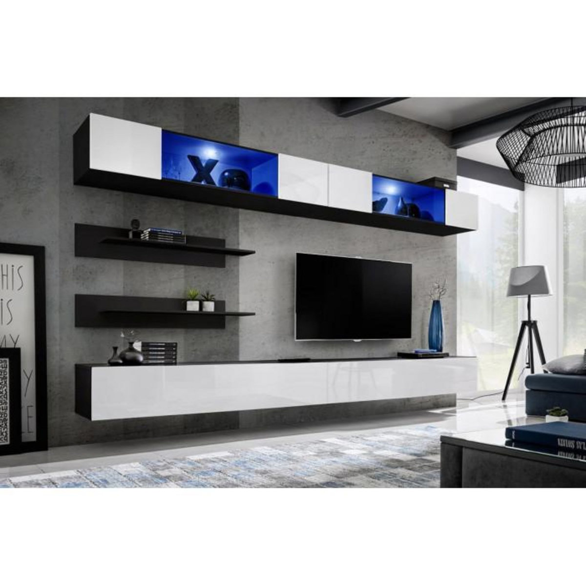 Paris Prix Meuble TV Mural Design  Fly VIII  320cm Blanc & Noir