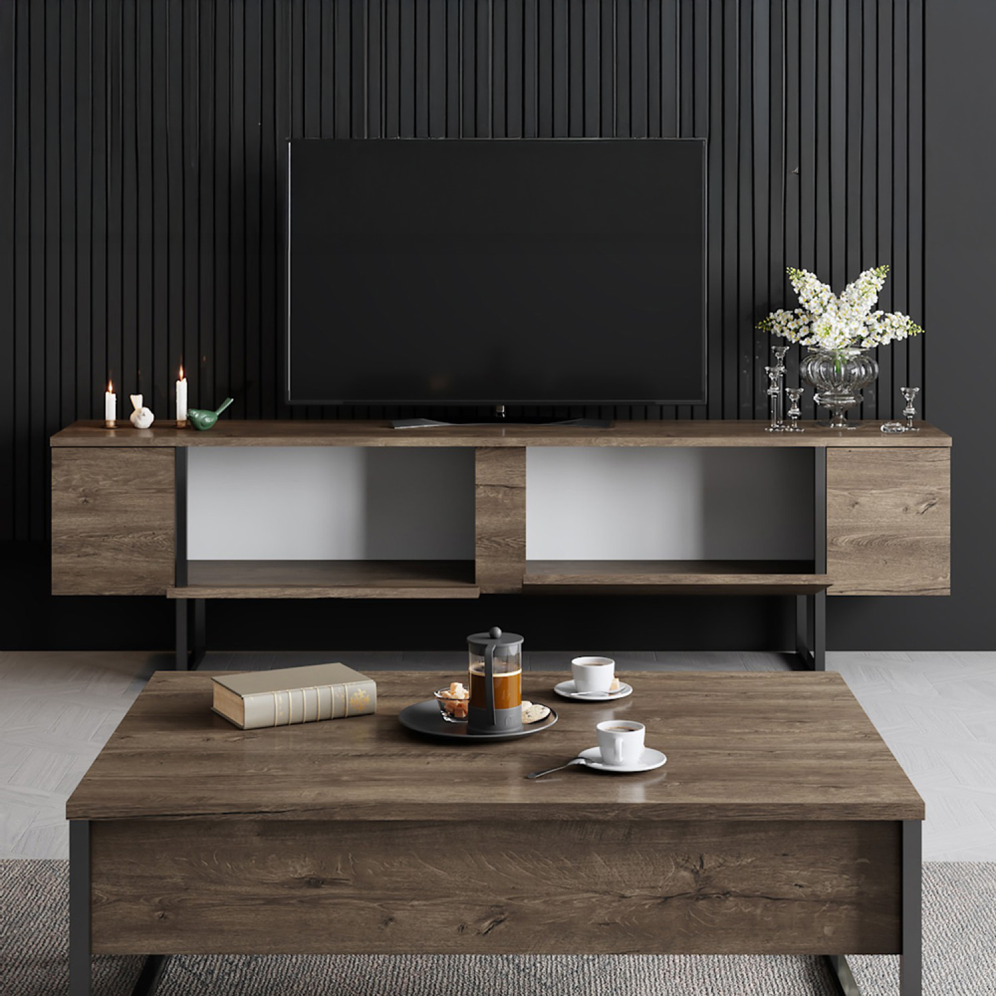 Voir la diapositive 6 : CONCEPT USINE Meuble tv avec placards aspect bois de noyer et détails noirs 180cm fropa