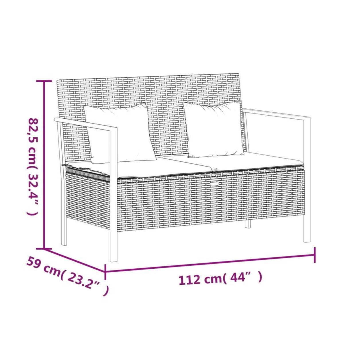 VIDAXL Banc de Jardin a 2 Places avec Coussins Noir Resine Tressee