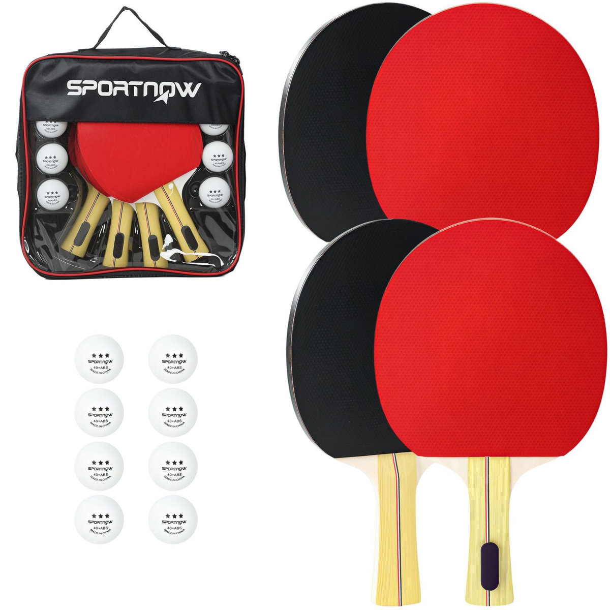 HOMCOM Set de 4 raquettes de tennis de table ping-pong - 8 balles, sacoche zippée de transport inclus