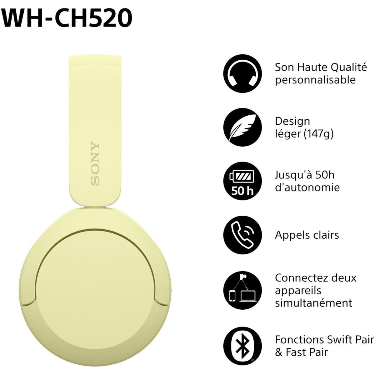 SONY Casque WH-CH520 Jaune