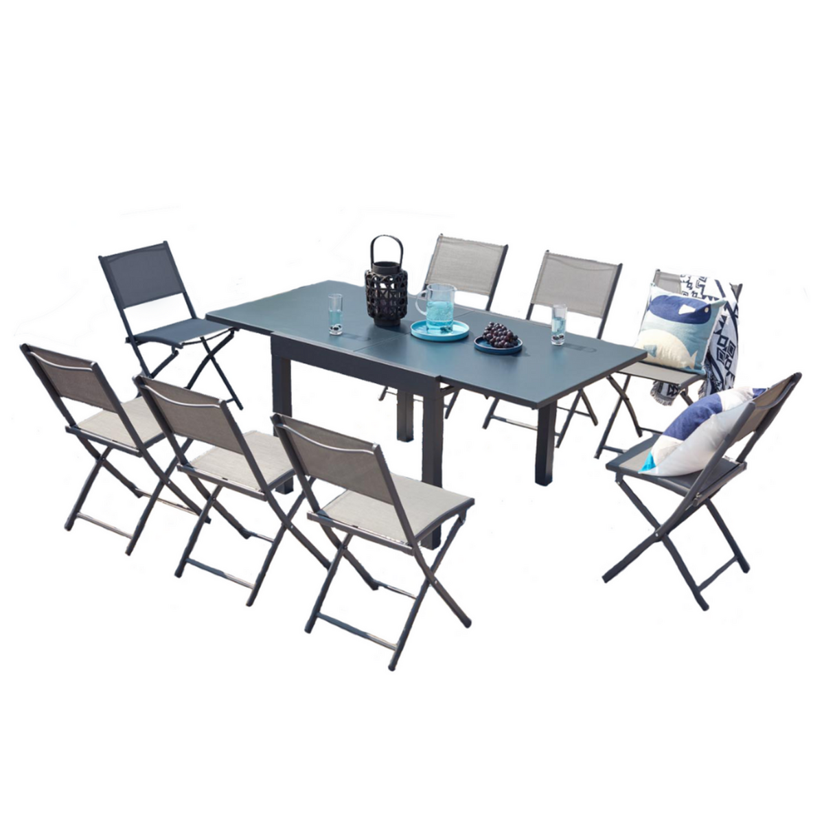 CONCEPT USINE Salon de jardin 8 places en aluminium gris foncé CUALICA