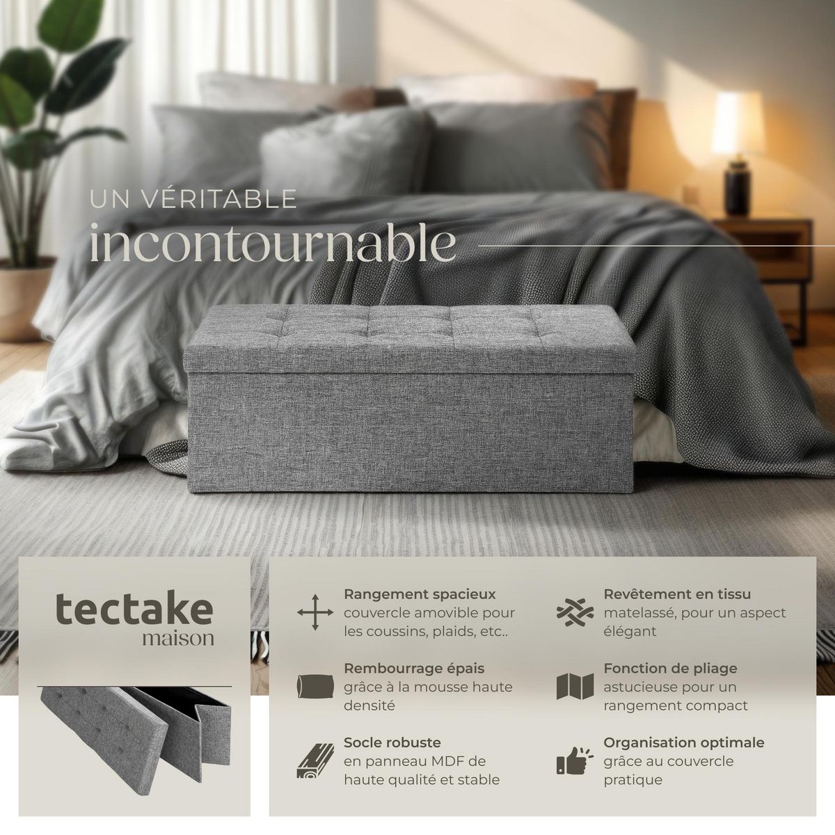 tectake Tabouret avec espace de rangement pliable gris clair