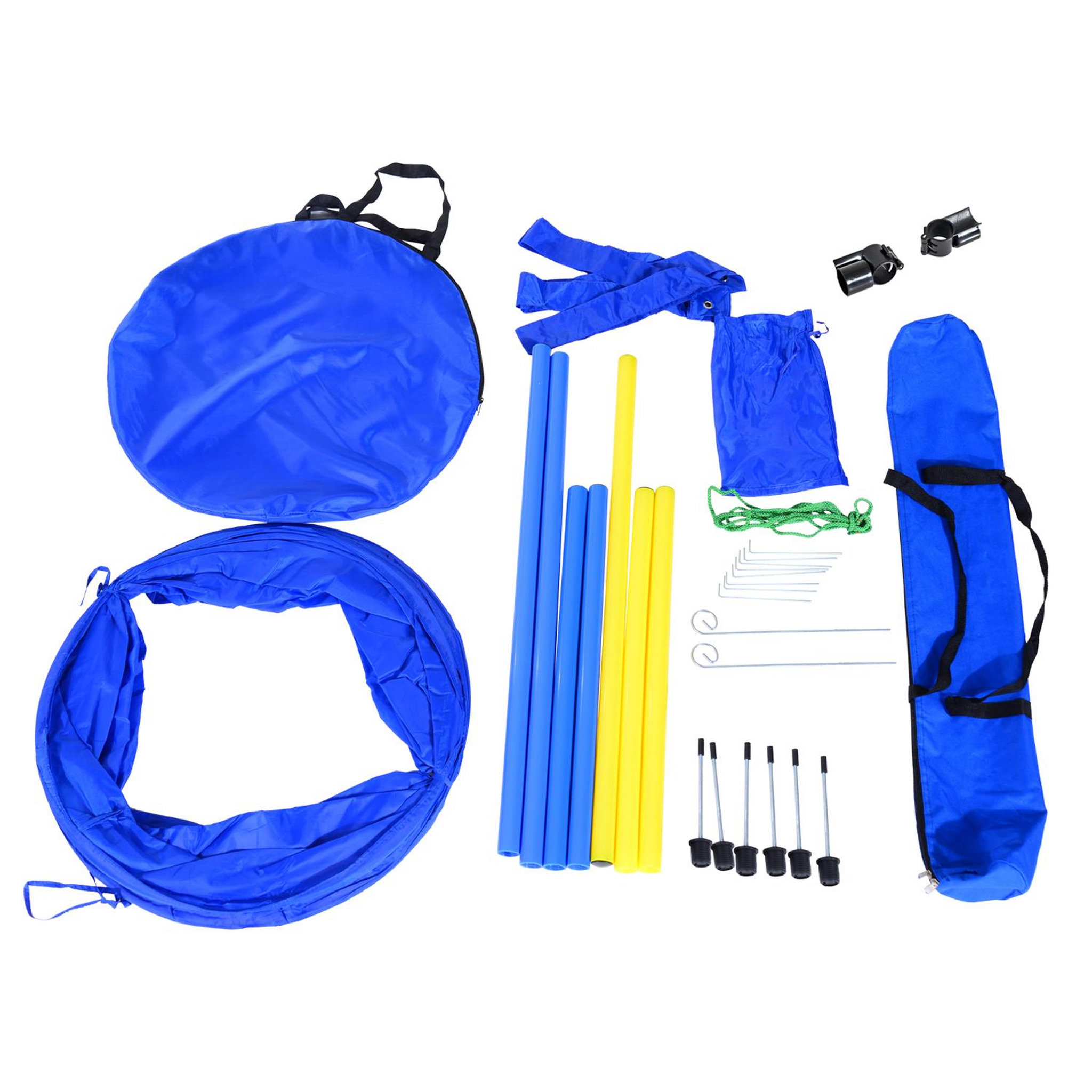 Voir la diapositive 4 : PAWHUT Agility sport pour chiens équipement complet obstacles, tunnel, slalom, zone repos + 2 sacs de transport bleu jaune