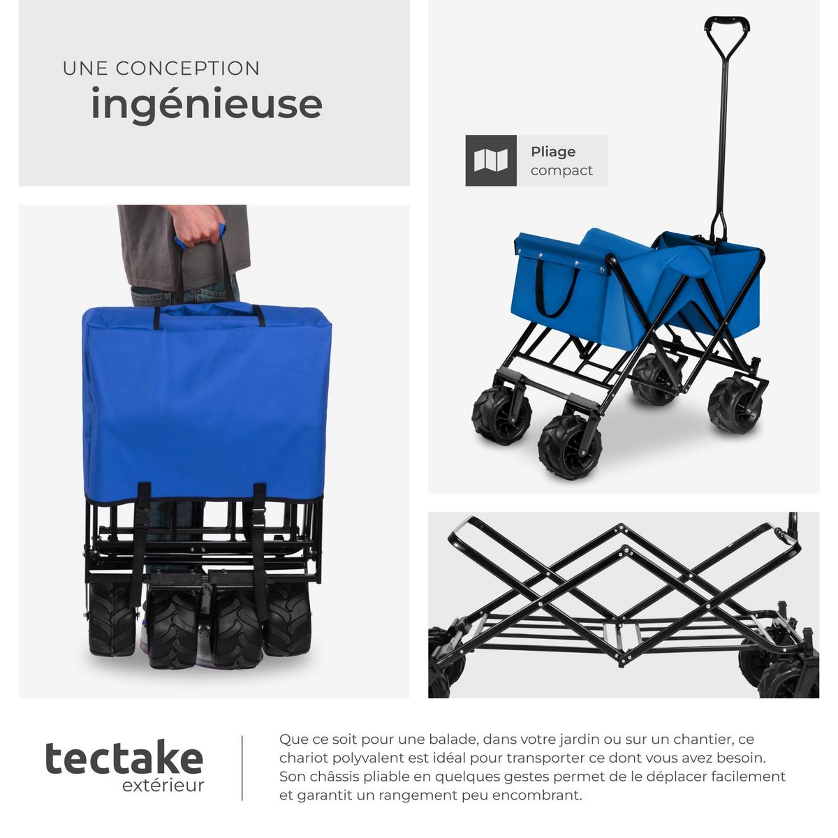 tectake Chariot de jardin et de transport pliable bleu