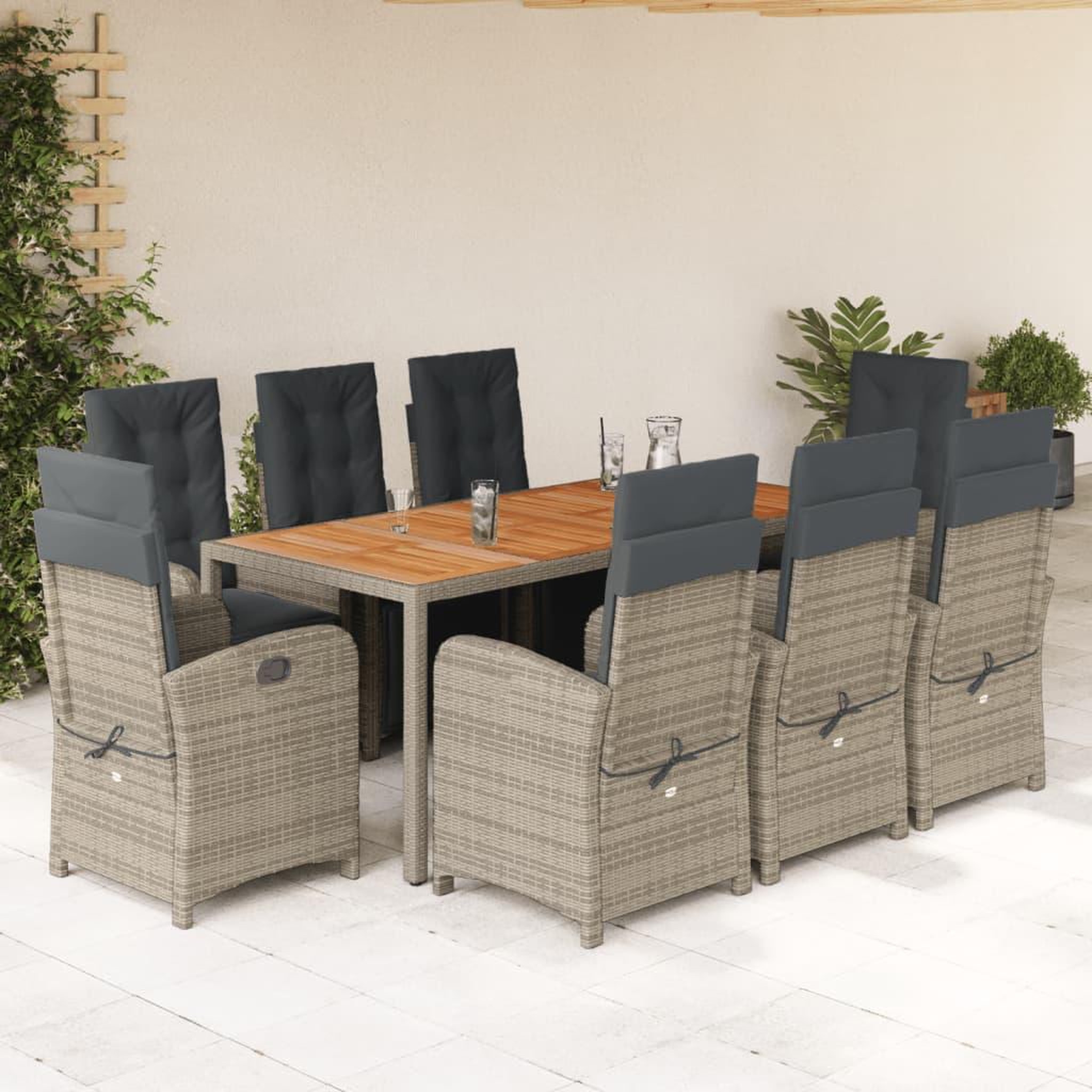 VIDAXL Ensemble a manger de jardin 9 pcs coussins gris resine tressee