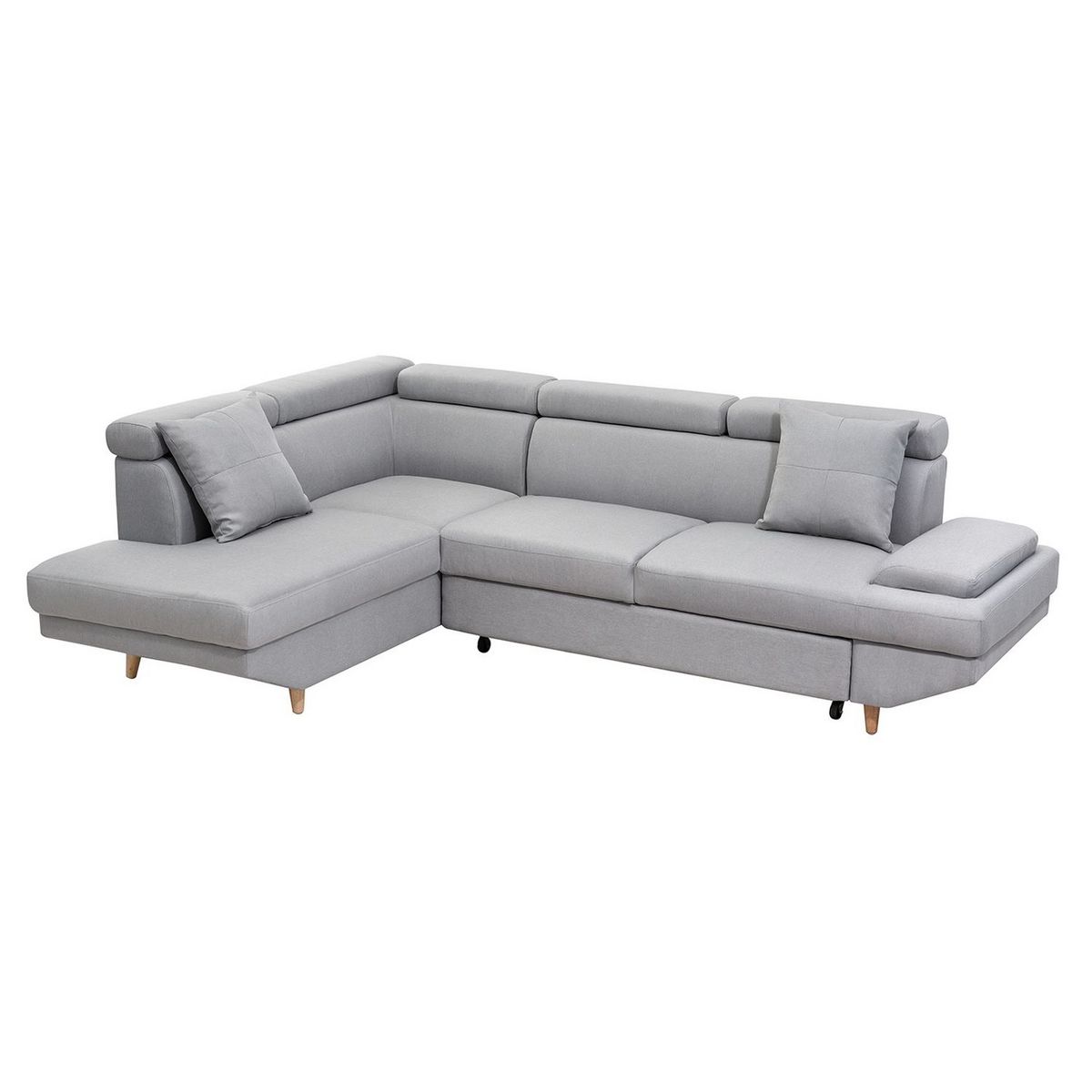 Canapé d'angle gauche convertible 5 places tissu pieds bois clair MARIUS 