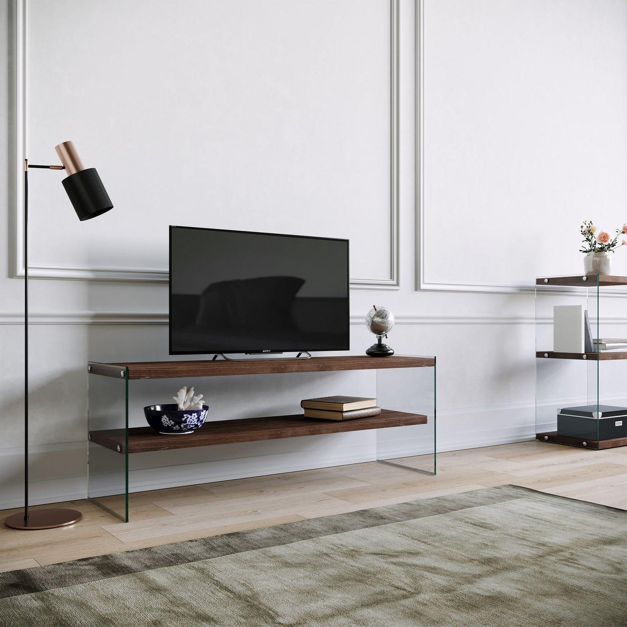 Voir la diapositive 5 : TOILINUX Meuble tv en bois de pin massif et structure en verre 1 étagère - l.120cm x h.45cm - marron foncé