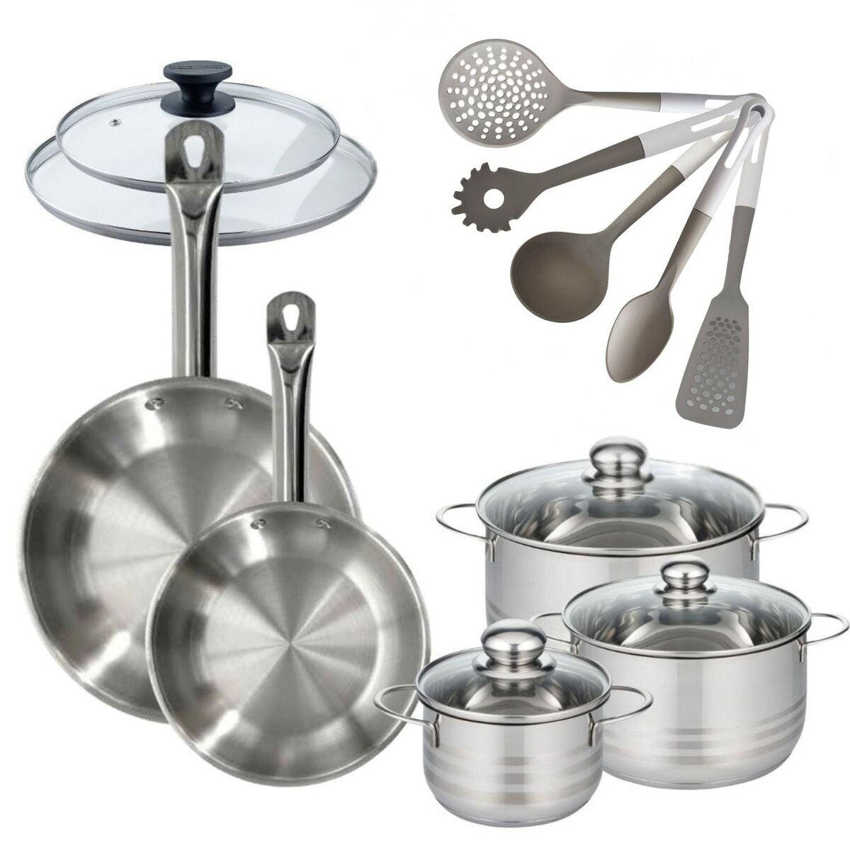 Fackelmann Lot 2 Poêles 24/28cm Fackelmann Eterna avec 3 Faitouts 16/20/24 cm et 5 ustensiles Fackelmann