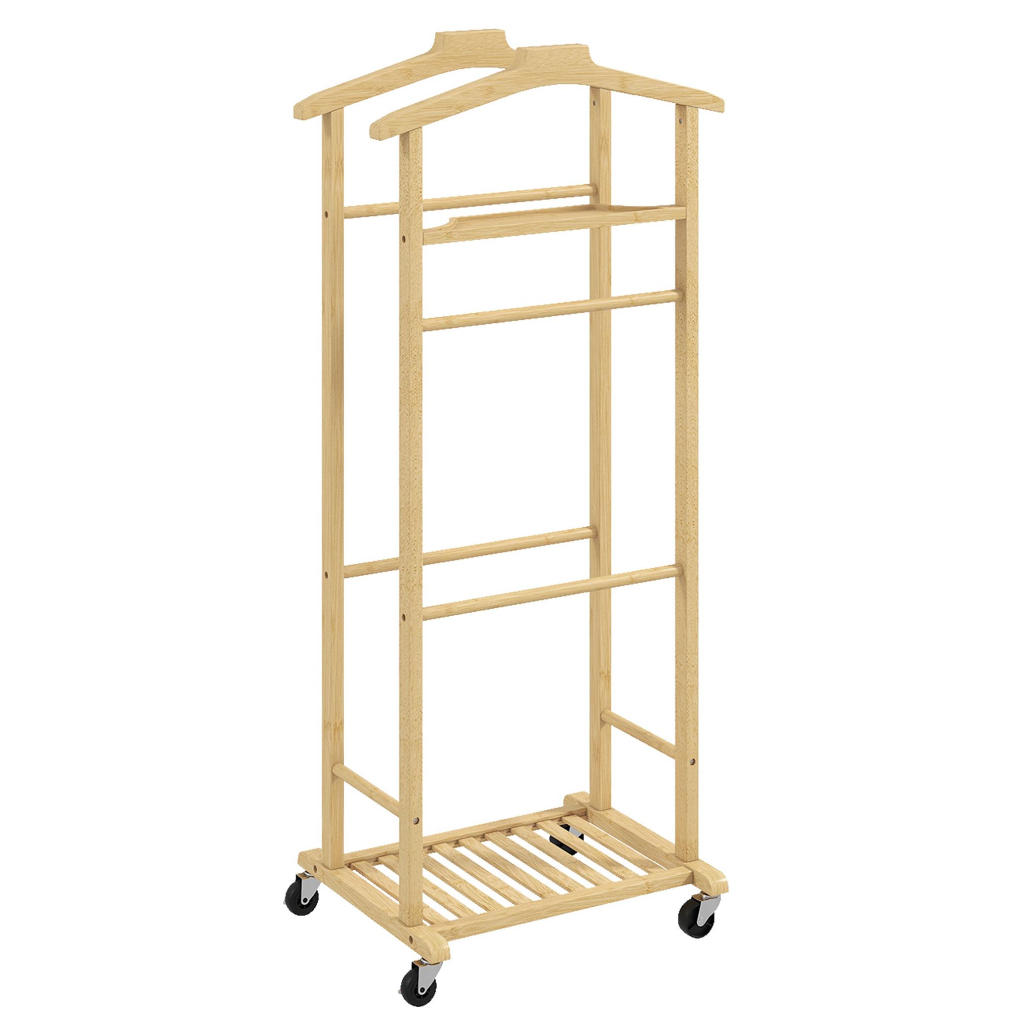 HOMCOM Valet de chambre mobile bois bambou verni - 2 cintres, 4 barres, 2 étagères - dim. 47 x 33 x 105 cm