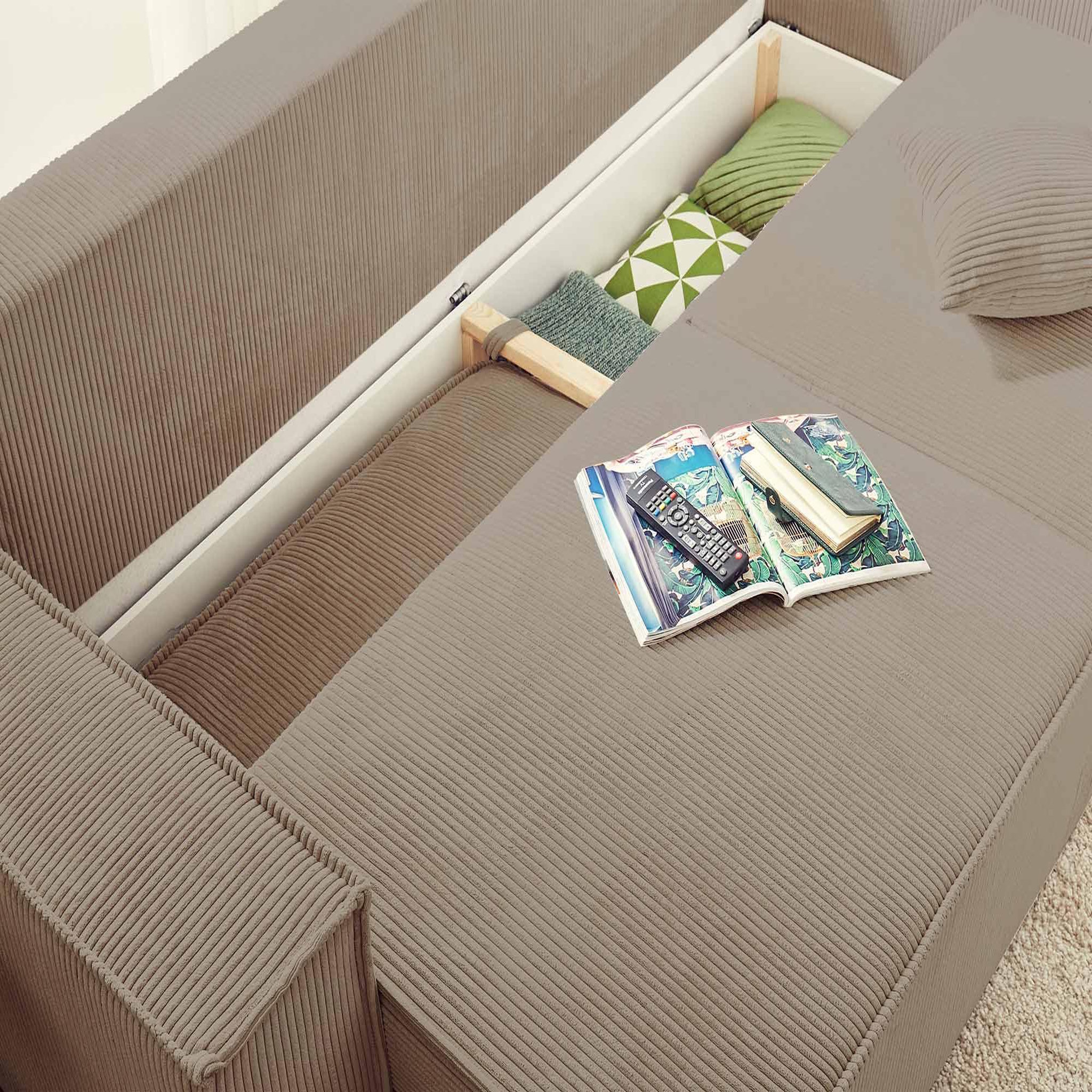 Voir la diapositive 3 : BEST MOBILIER Dellia - canapé 3 places convertible - avec coffre - en velours côtelé - style contemporain