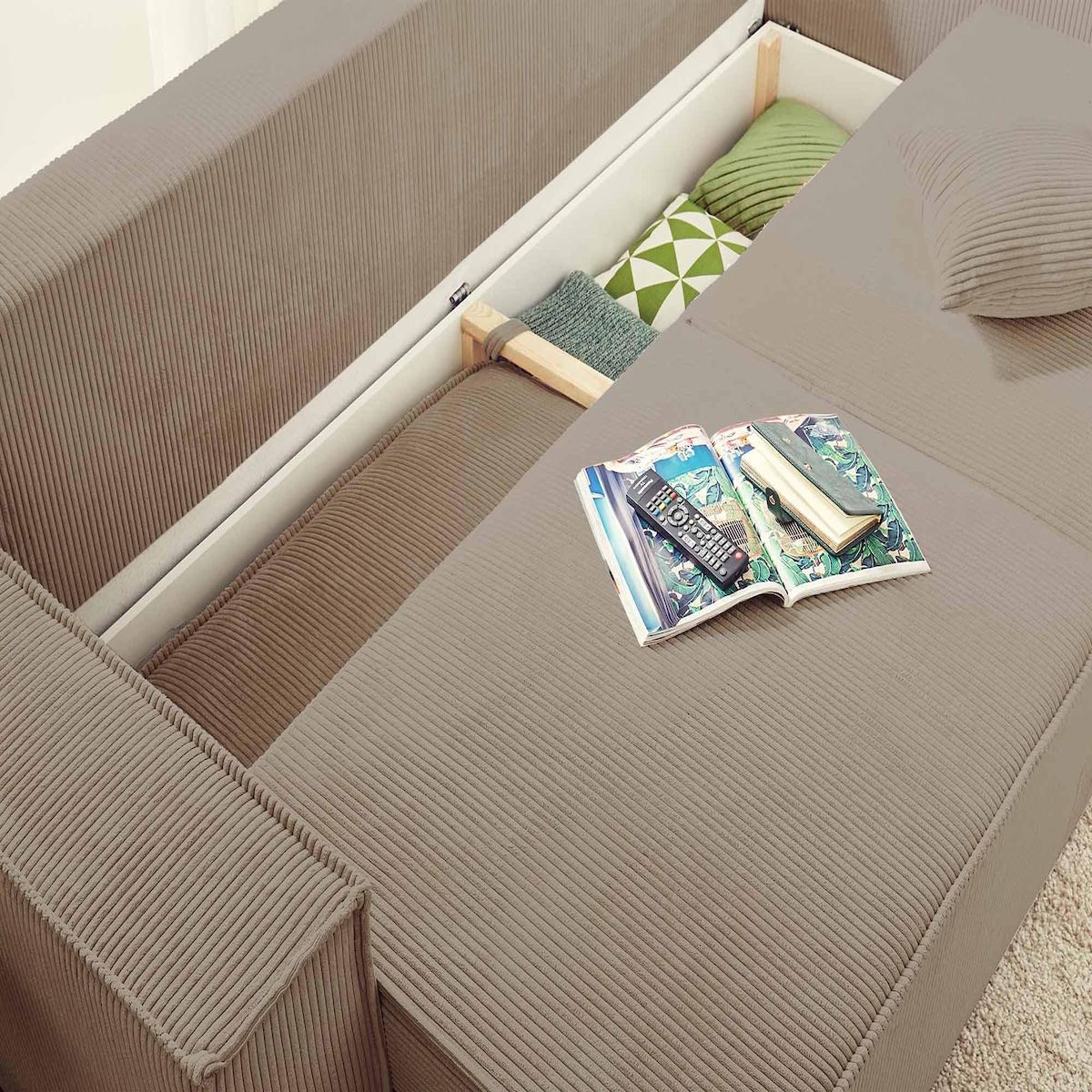 BEST MOBILIER Dellia - canapé 3 places convertible - avec coffre - en velours côtelé - style contemporain