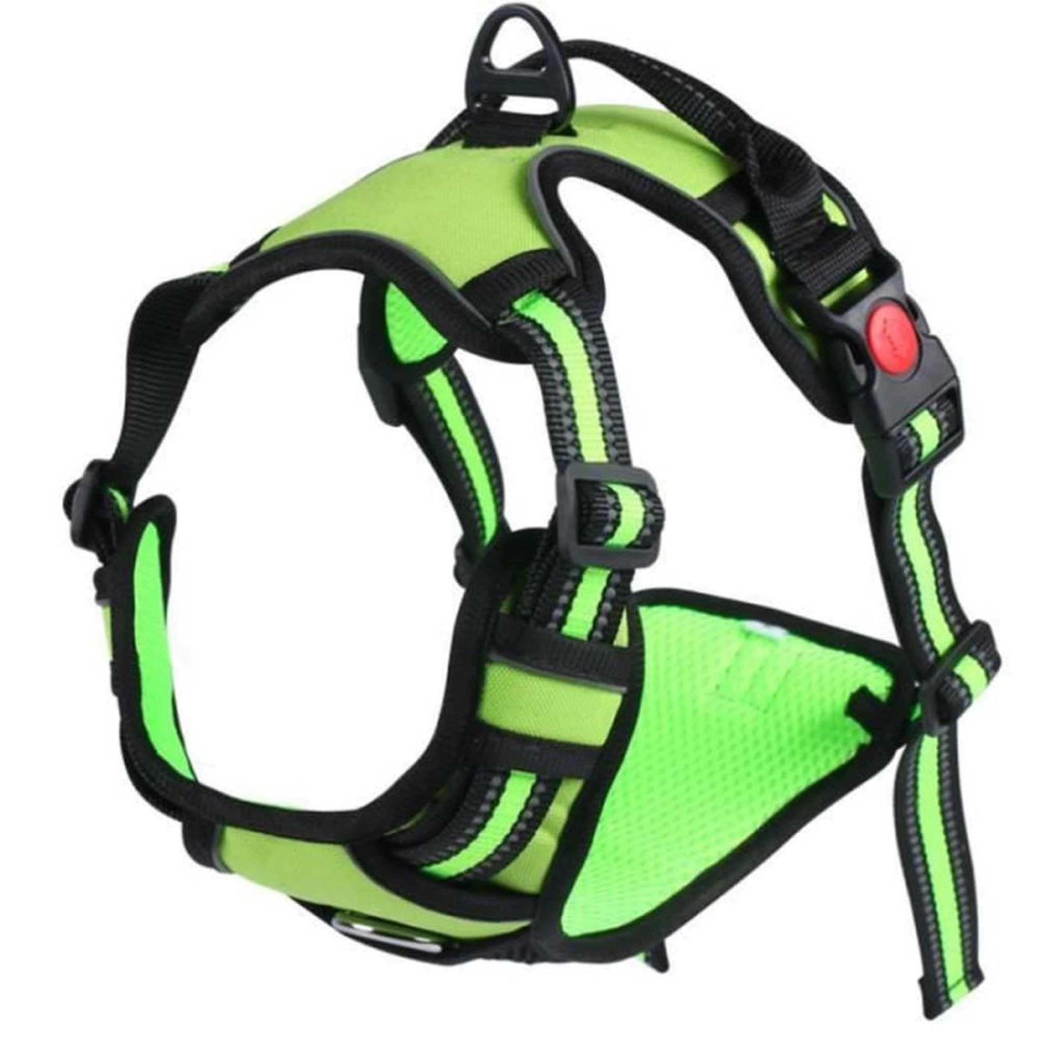 Voir la diapositive 3 : Harnais pour chien style gilet anti-traction XL vert à bandes réfléchissantes, sangle nylon et rembourrage doux, ajustable avec boucle anti-évasion