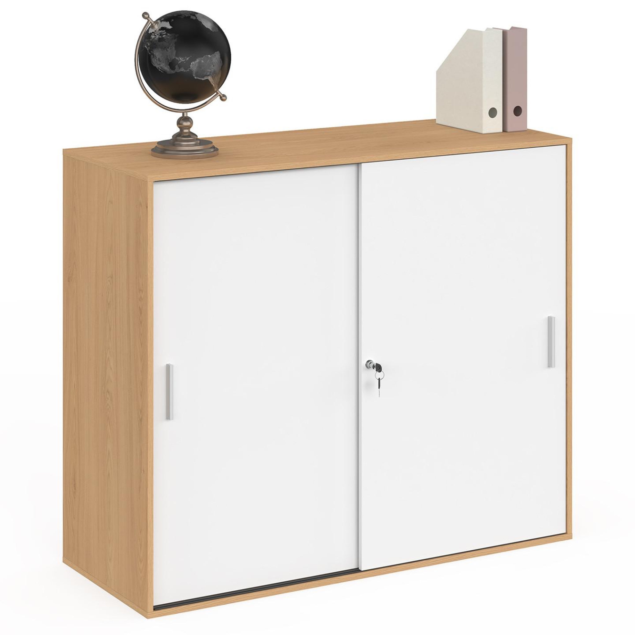 ID MARKET Armoire basse de bureau 2 portes coulissantes verrouillables MARIA façon hêtre et blanc