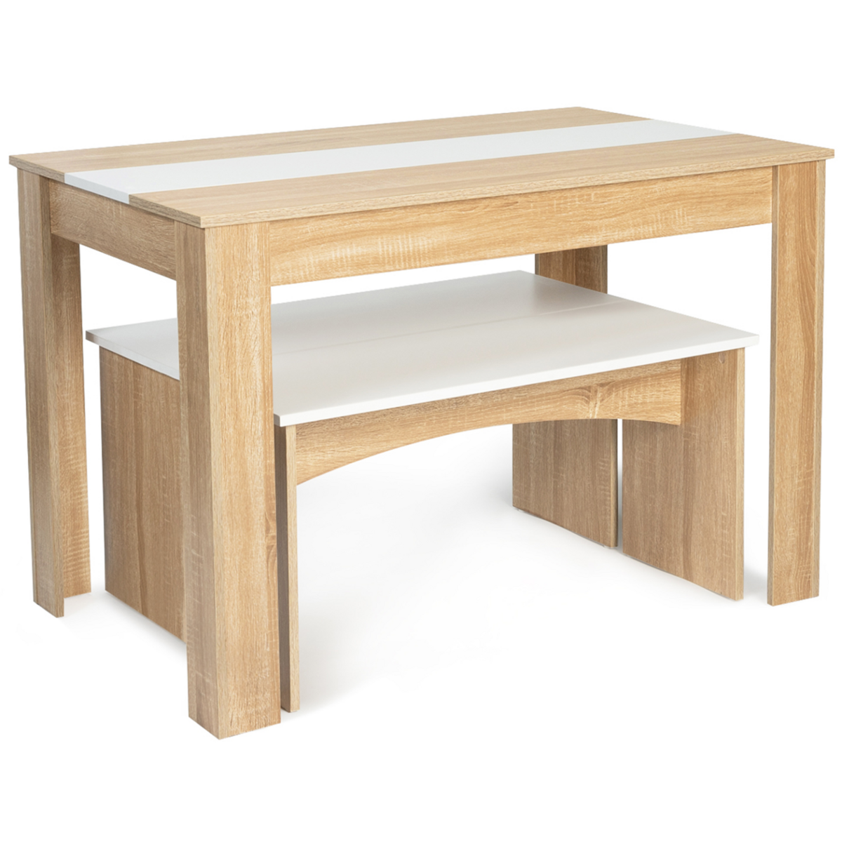 ID MARKET Ensemble table à manger et 2 bancs ROZY 4 personnes façon hêtre et blanc 110 cm