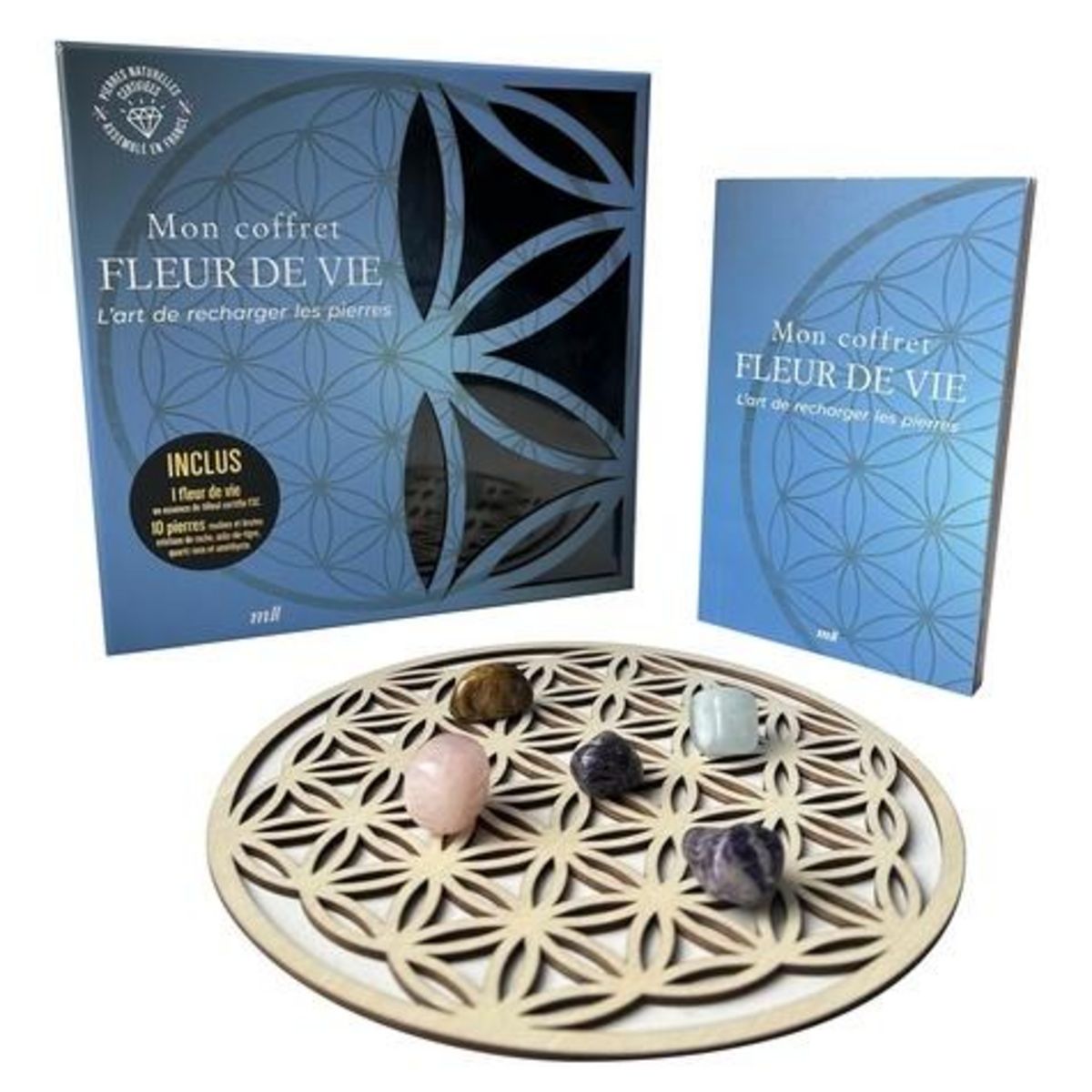 MON COFFRET FLEUR DE VIE. L'ART DE RECHARGER LES PIERRES. AVEC UN LIVRE D'INITIATION, 10 PIERRES ROULEES ET BRUTES ET UNE FLEUR DE VIE EN BOIS, Gustin Céleste