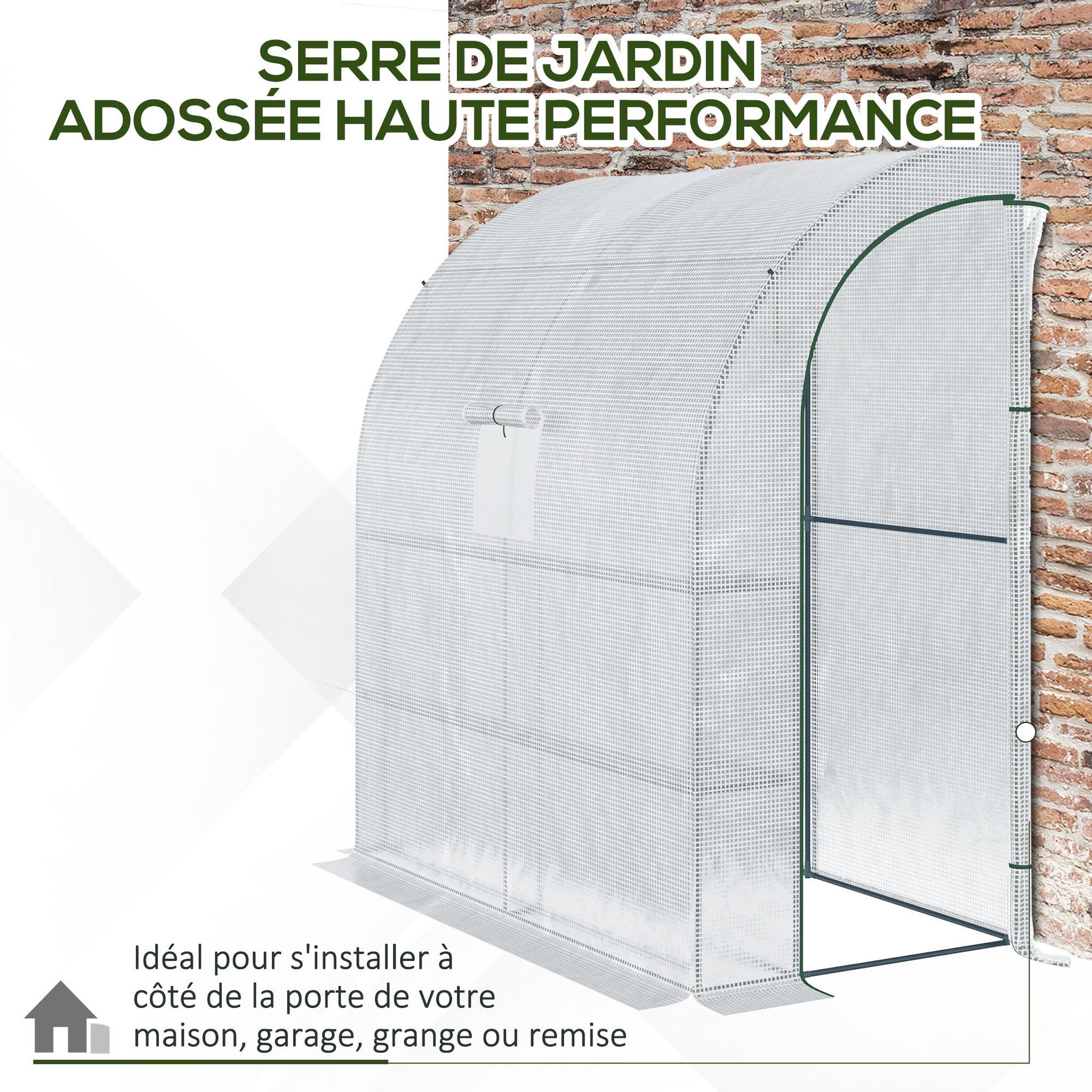 Voir la diapositive 5 : OUTSUNNY Serre de jardin adossée serre adossée dim. 2l x 1l x 2,13h m 4 étagères 2 portes zippées 1 fenêtre acier pe haute densité blanc