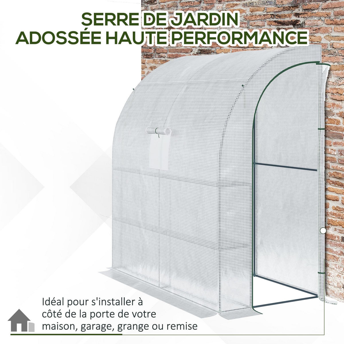 OUTSUNNY Serre de jardin adossée serre adossée dim. 2L x 1l x 2,13H m 4 étagères 2 portes zippées 1 fenêtre acier PE haute densité blanc