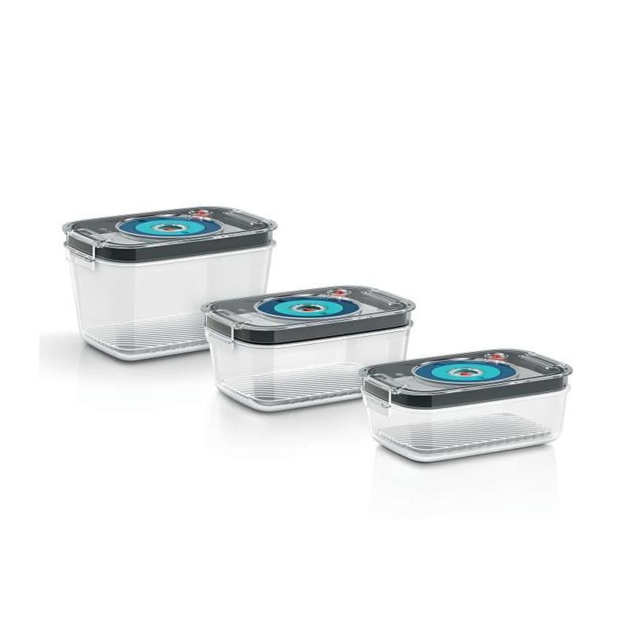Voir la diapositive 1 : BOSCH BOSCH - 3 boites de conservation sous vide hermetiques : 0,7L, 1,0L et 1,5L - Bac degouttement - Indicateur jour et mois - Trita