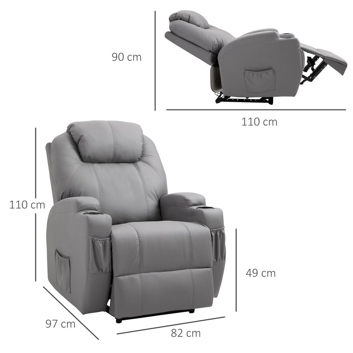 HOMCOM Fauteuil luxe de relaxation et massage inclinaison dossier repose-pied électrique revêtement synthétique gris